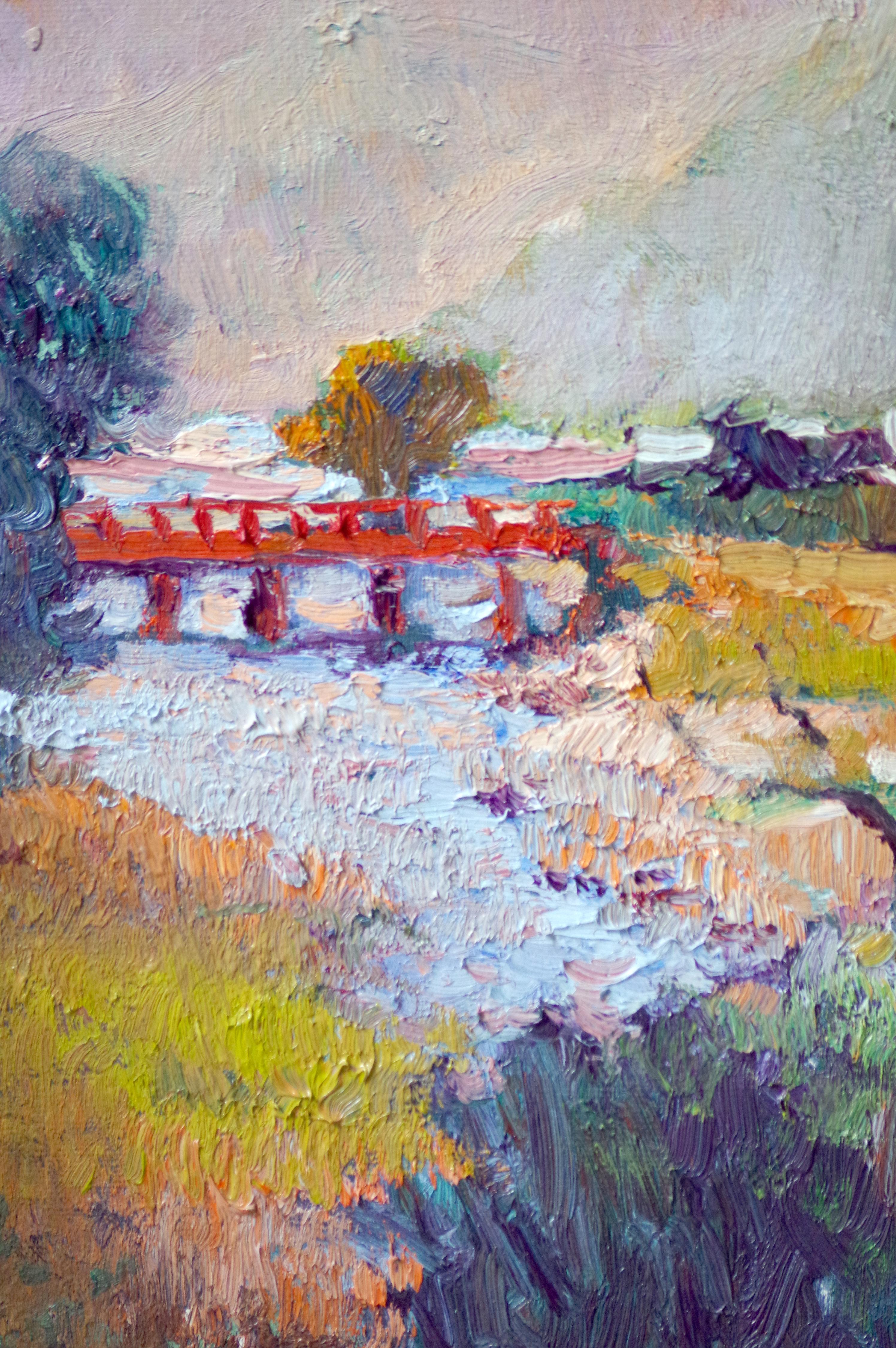 Evening Landscape with Red Bridge, Oil Painting - Gray Landscape Painting by Suren Nersisyan