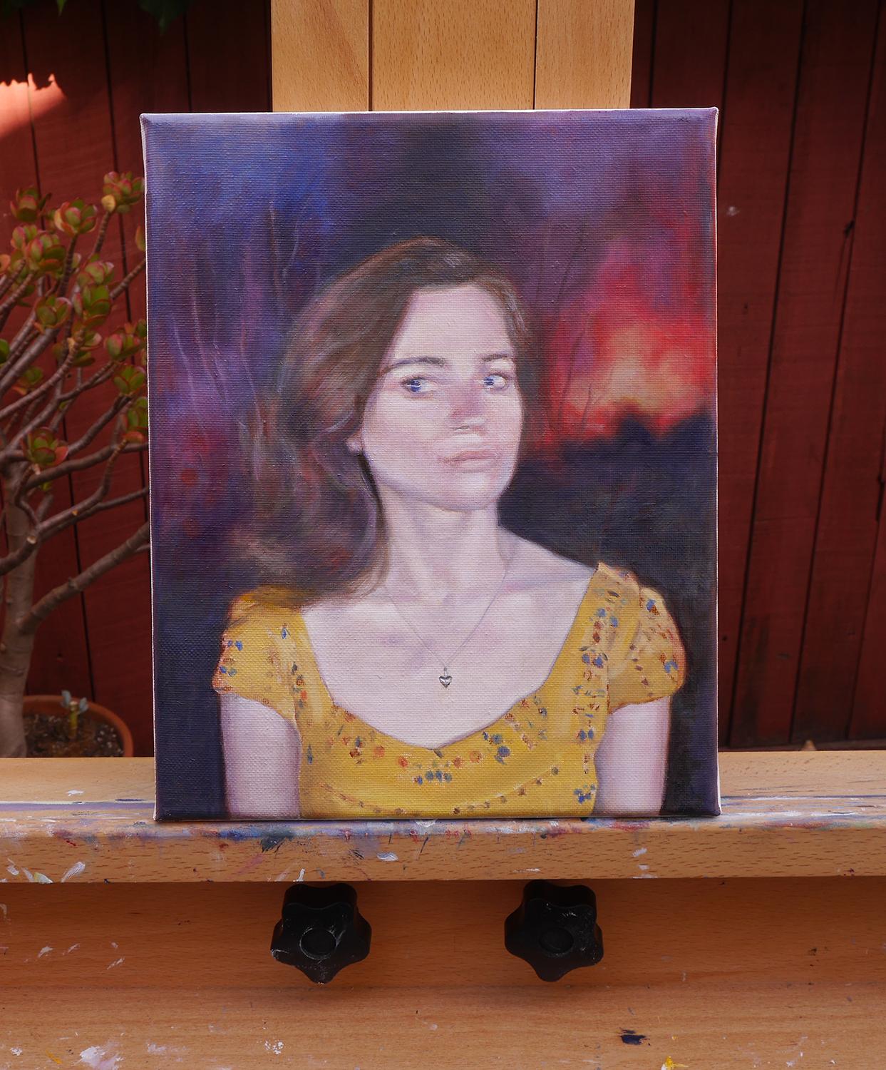 <p>Artist Comments<br />A portrait of a woman in a yellow dress set against a fiery backdrop. The woman's careful gaze evokes feelings of mystery and secrecy, which along with the setting, creates a feeling of ambiguity and uncertainty.</p><br