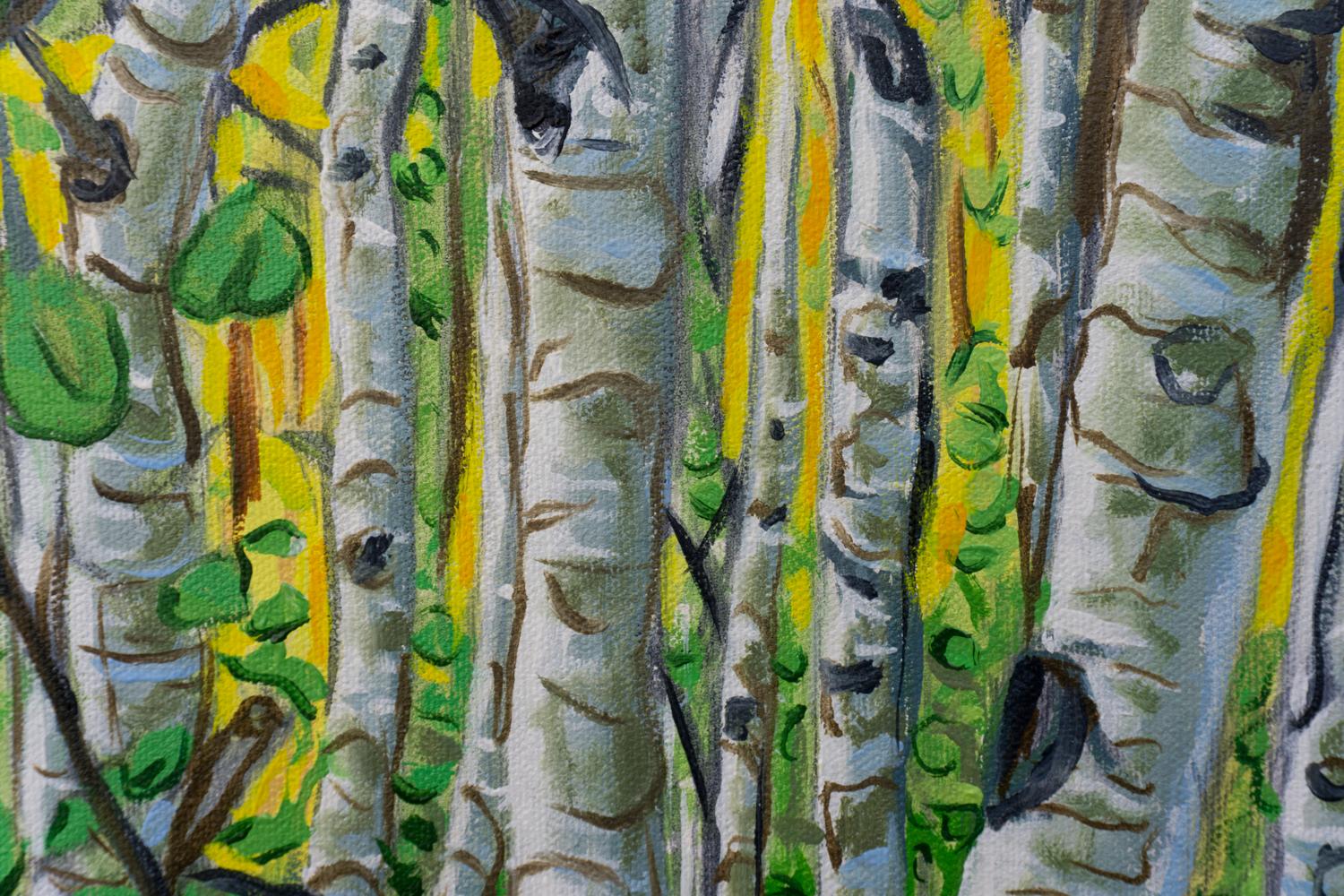 <p>Artist Comments<br>On a solo hike, I passed through some beautiful aspen groves. It was early morning and the sunlight was filtering in behind. I noticed a lone, small pine growing up through the grove. I felt a bit of a kinship with this