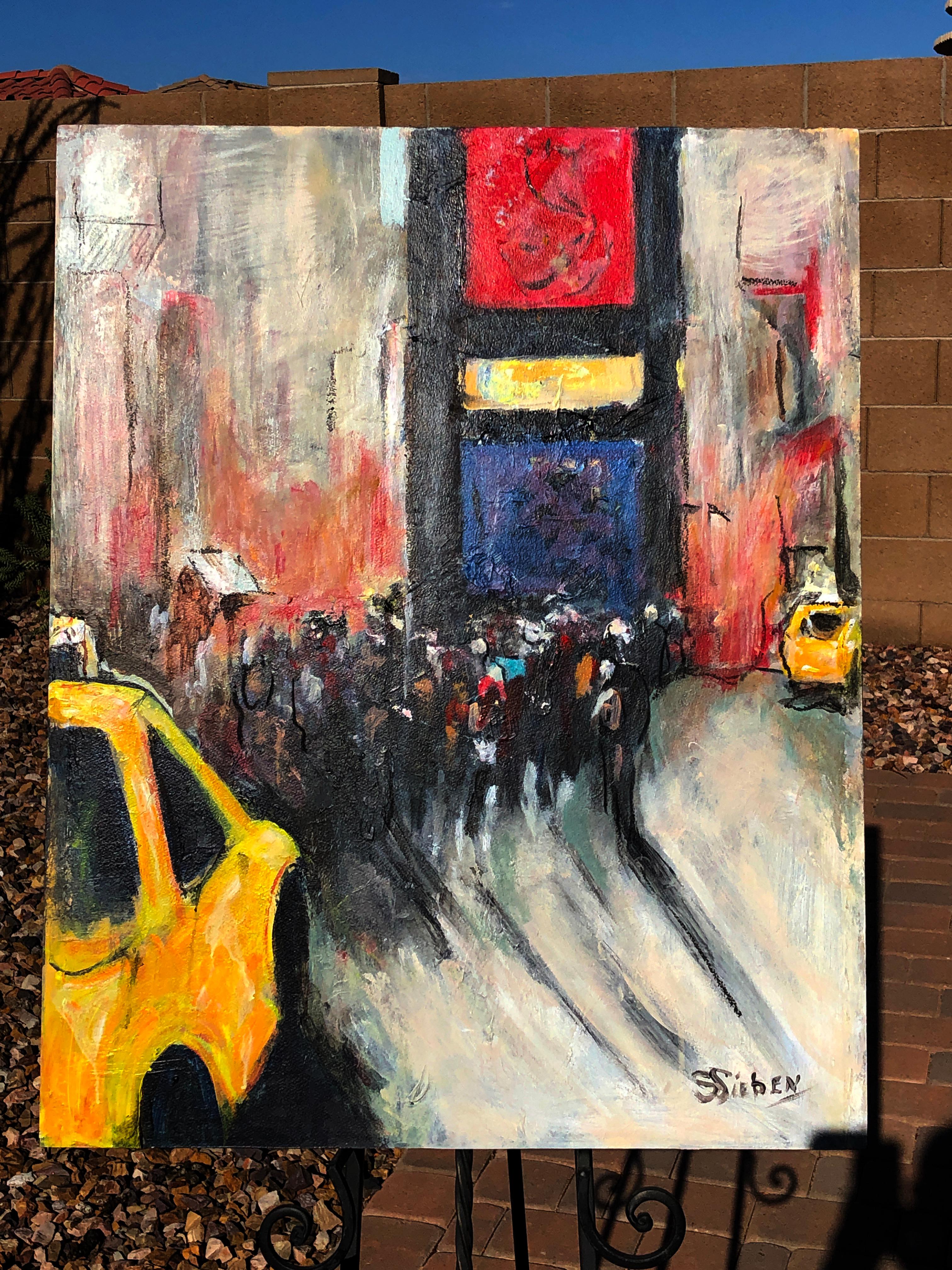 <p>Artist Comments<br />An expressionist depiction of the crowds of people enjoying the evening lights in Times Square in New York. A taxi zips by in the foreground leading the eye to the sidewalk and the glowing billboards above.</p><br /><p>About