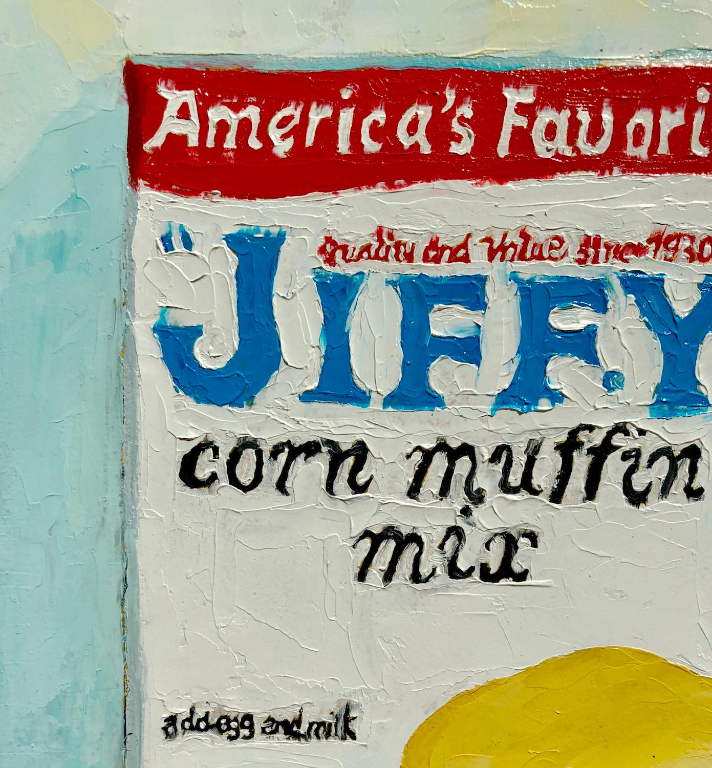 Jiffy Muffin Mix, Oil Painting - Beige Still-Life Painting by Karen Barton