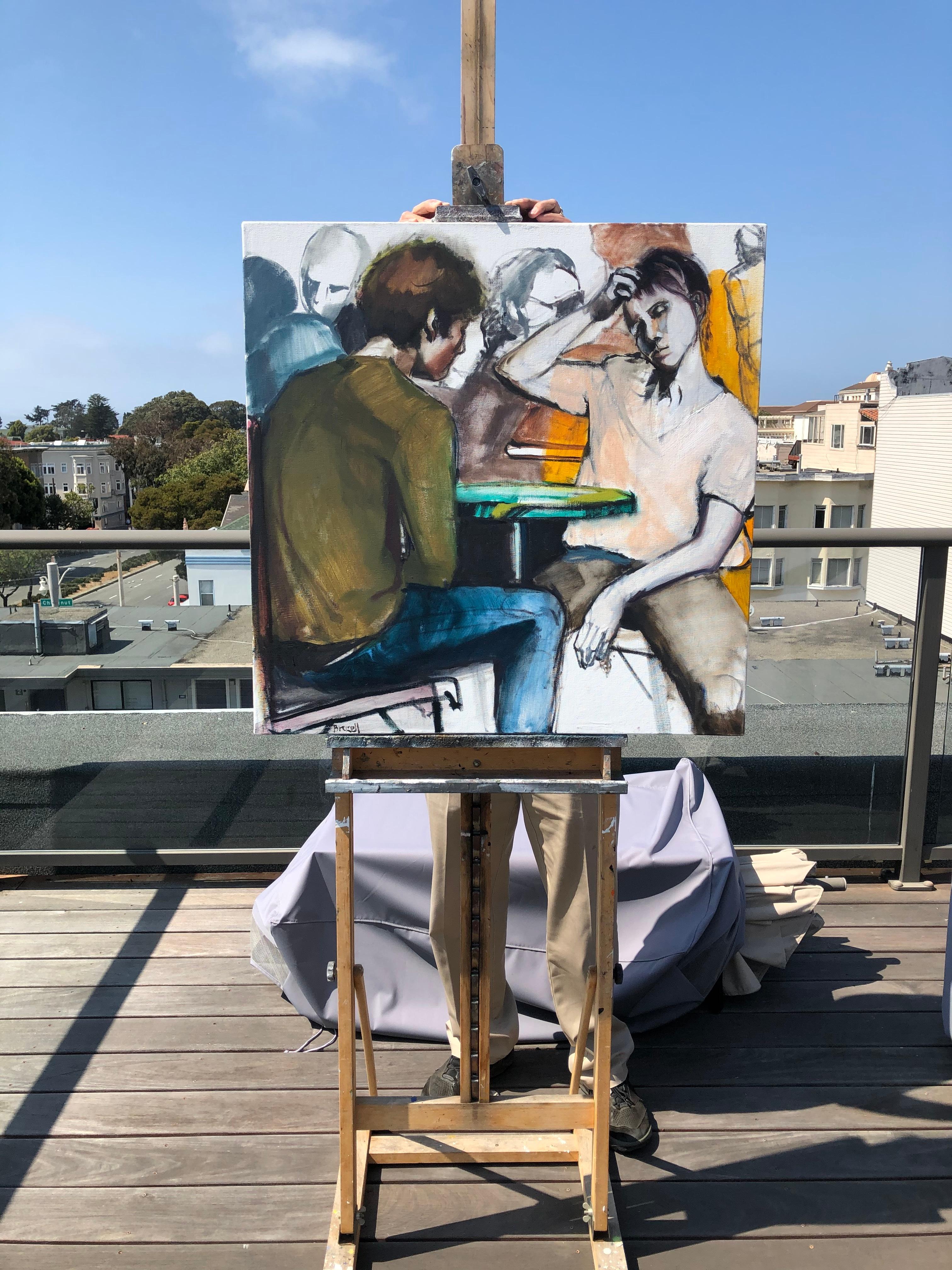 <p>Artist Comments<br />This contemporary painting depicts a conversation between a couple at a cafe. Artist Liz Brozell took a photograph of this scene in Paris and then brought the piece to life in her studio. She focused on the body language of