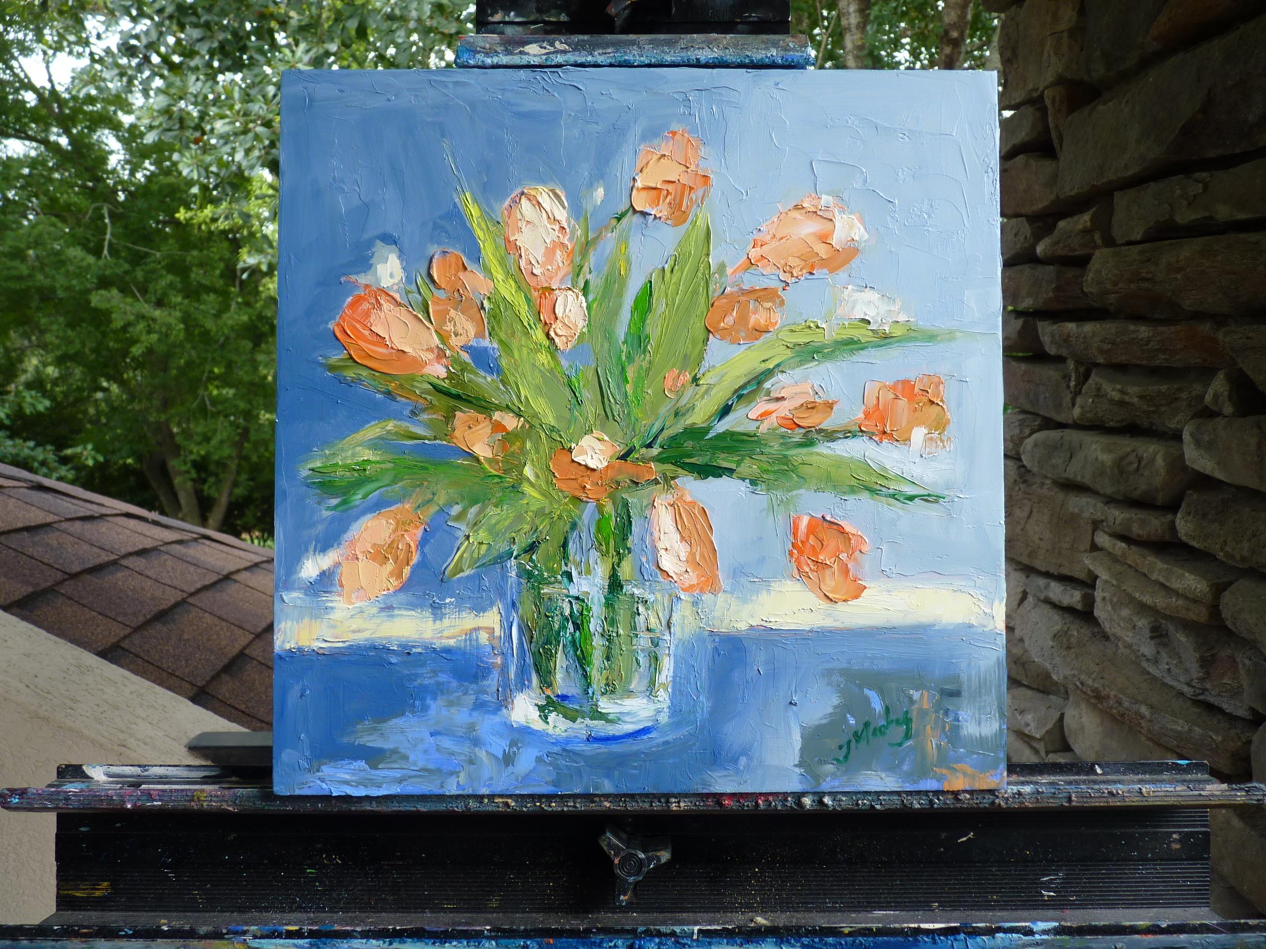 <p>Künstlerkommentar<br />Die Künstlerin Judy Mackey sagt:: sie habe ihre Gönner gebeten:: ihr bei der Benennung dieses impressionistischen Gemäldes mit orangefarbenen Tulpen zu helfen:: und der Vorschlag 