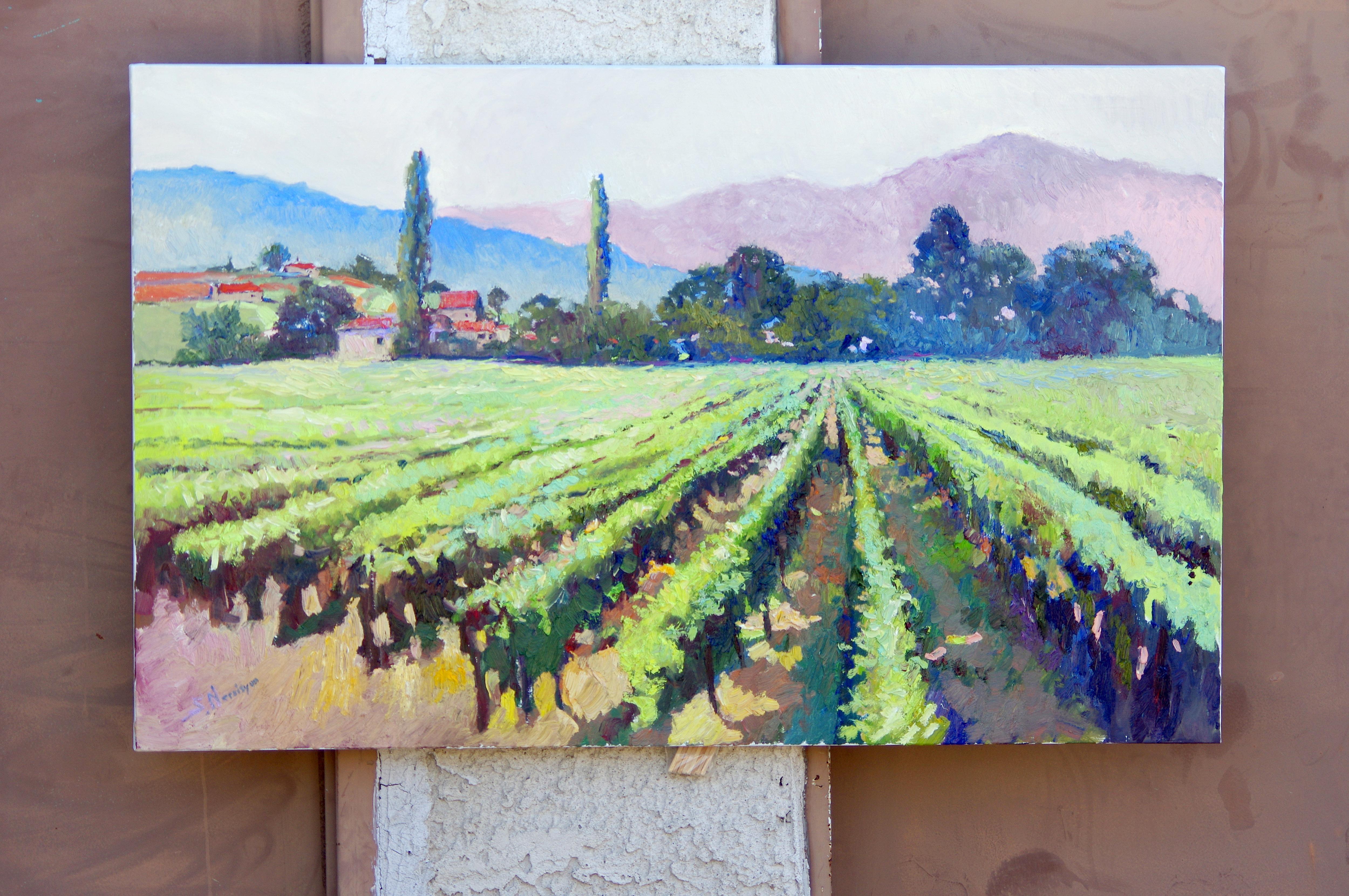 Vineyards, Early Summer Morning, California, Oil Painting - Abstract Impressionist Art by Suren Nersisyan