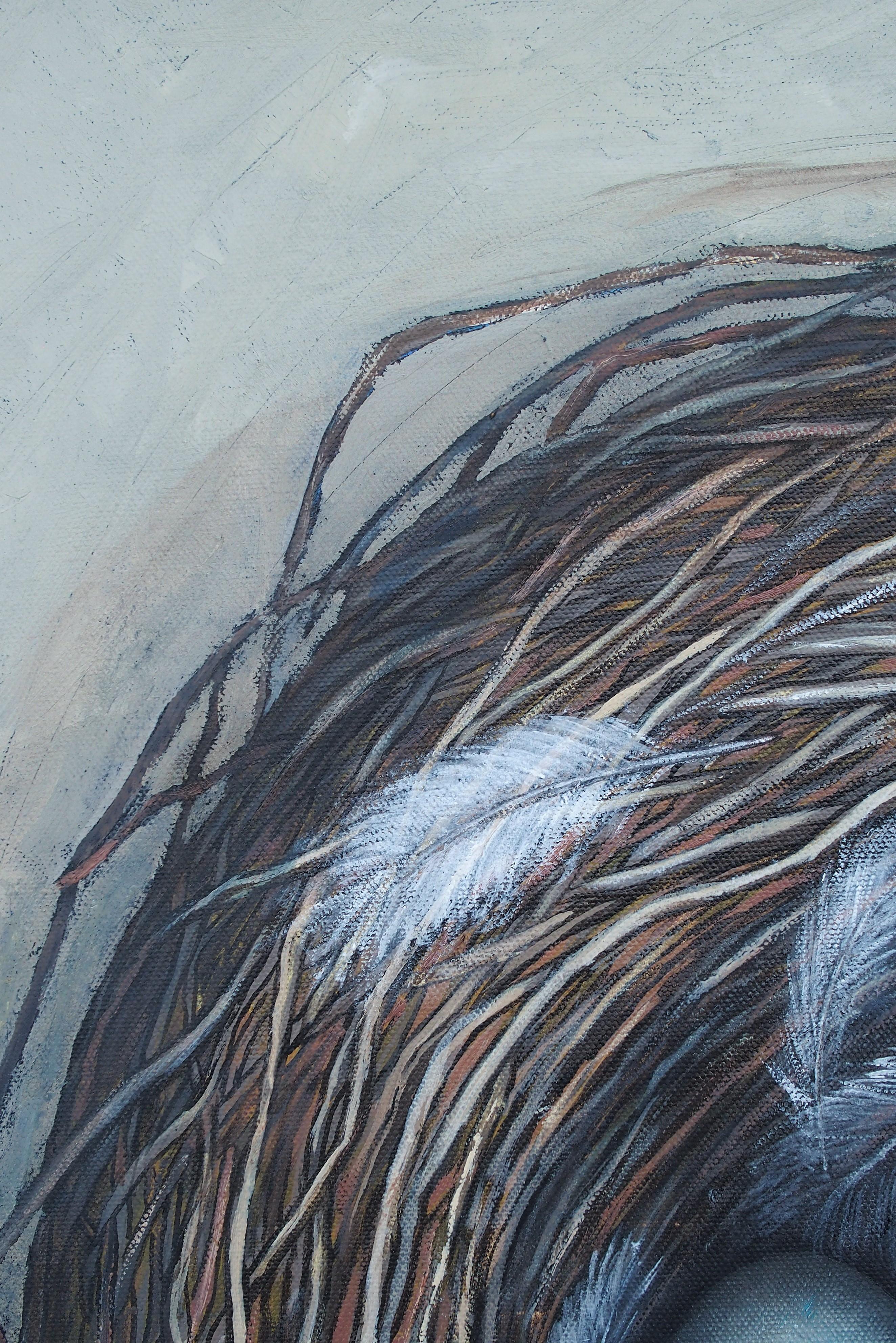 How To Feather Your Nest, Oil Painting - Blue Animal Painting by Jennifer Ross