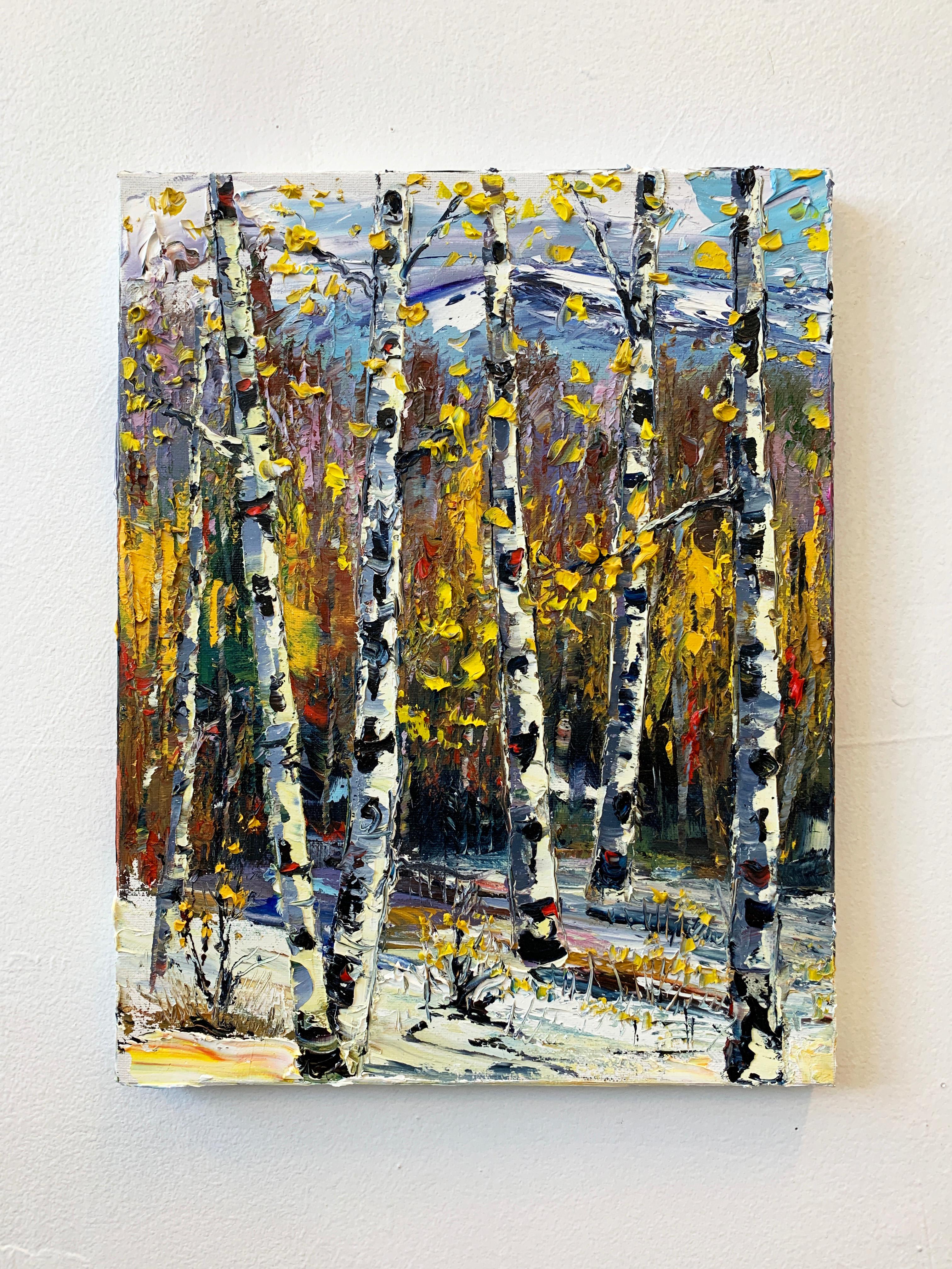 <p>Artist Comments<br />An autumn landscape in the mountains, with the golden leaves of birch trees fluttering in the wind. A distant peak capped with the first snowfall of the year. Part of artist Lisa Elley's newest series using a 
