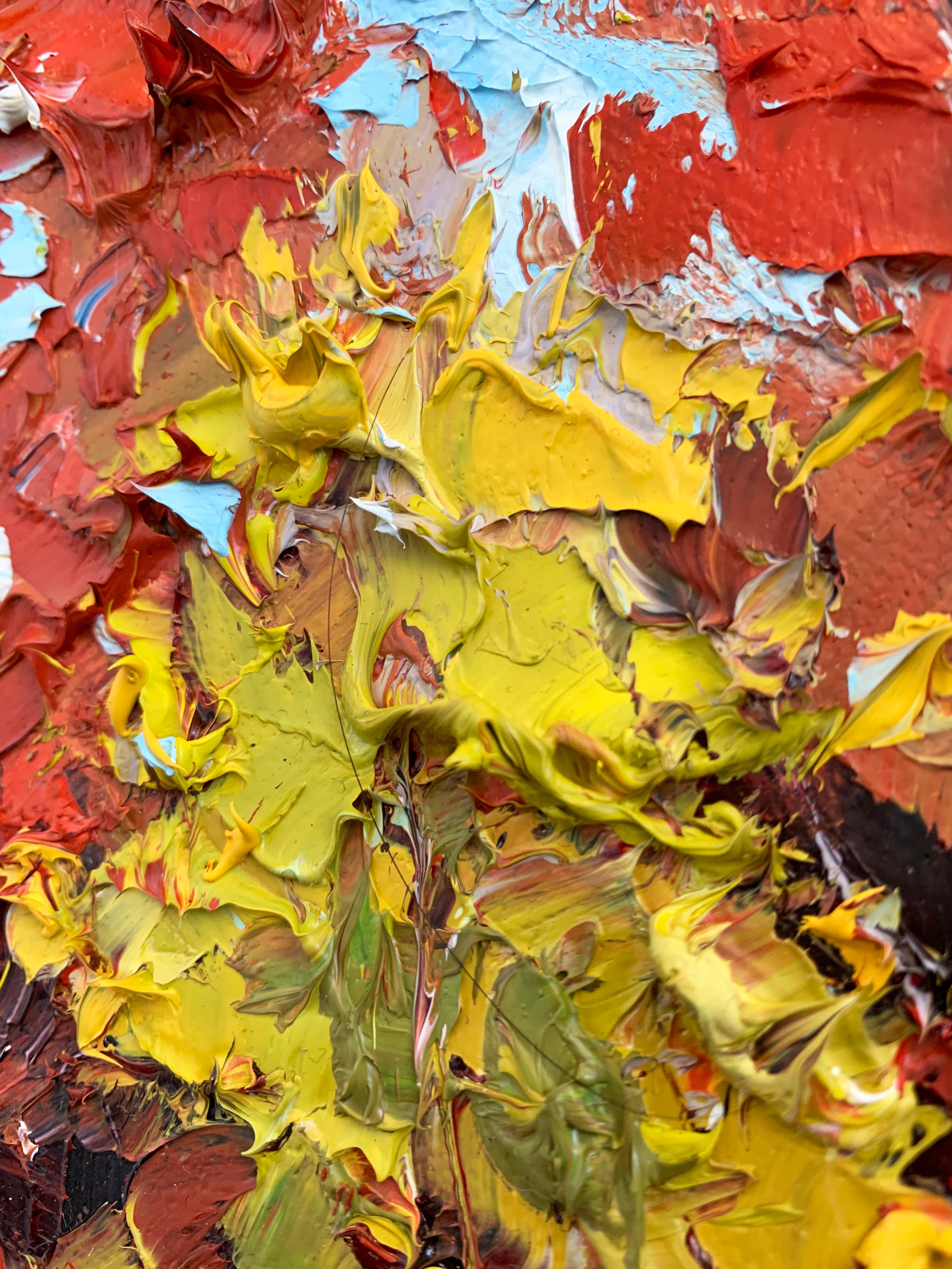 <p>Artist Comments<br />A birch tree forest in full autumn color. Bright red and yellow leaves dance in the breeze and cover the forest floor. Part of artist Lisa Elley's signature series of California landscapes using a 