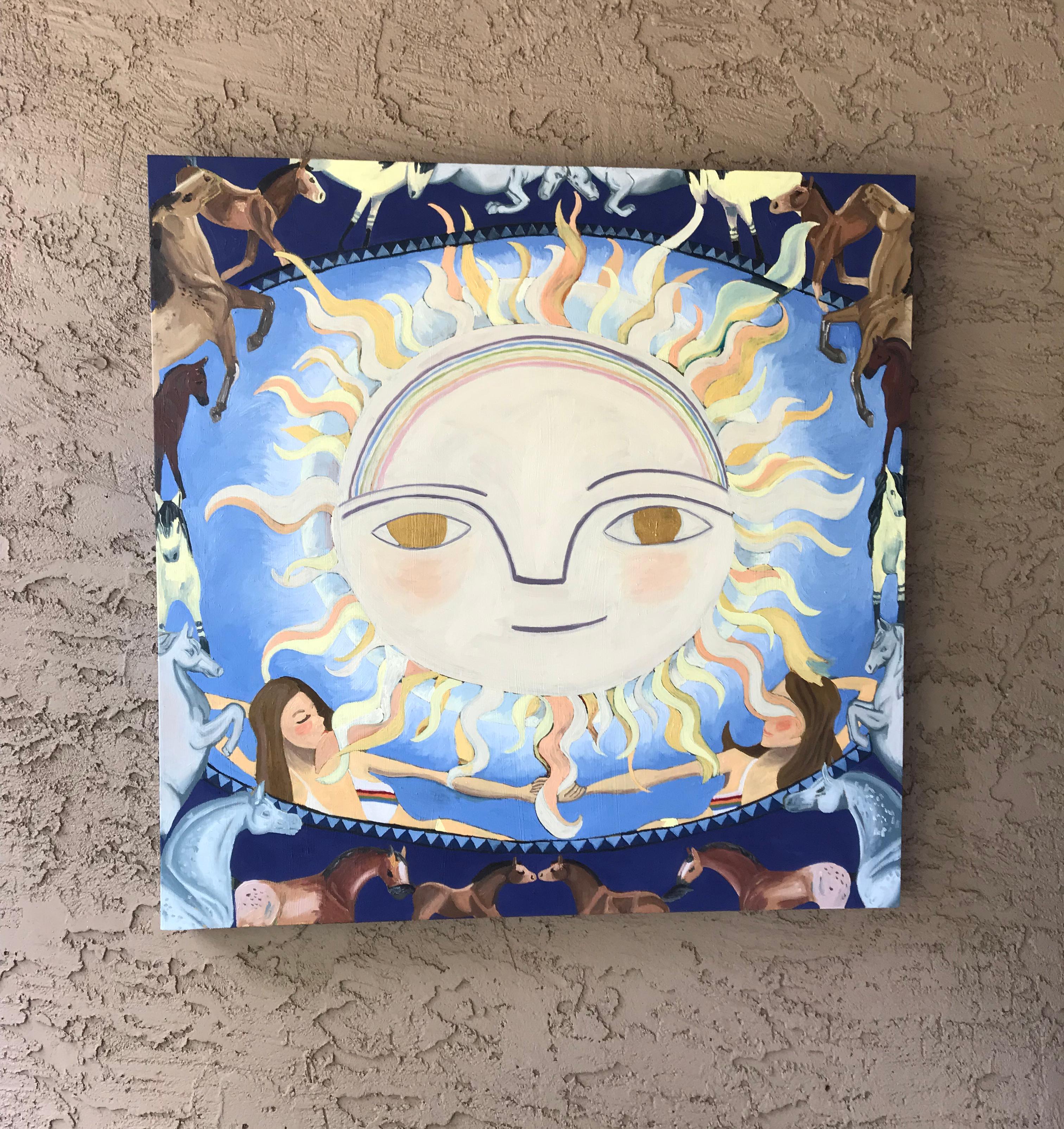 <p>Kommentare des Künstlers<br />Teil von Rachels Rodeo-Tarot-Serie. Eine spielerische Interpretation der Sonnenkarte. Die Sonne schwebt mit einem leichten Lächeln über der Landschaft. Zwillingsmädchen greifen hinter den unteren Strahlen