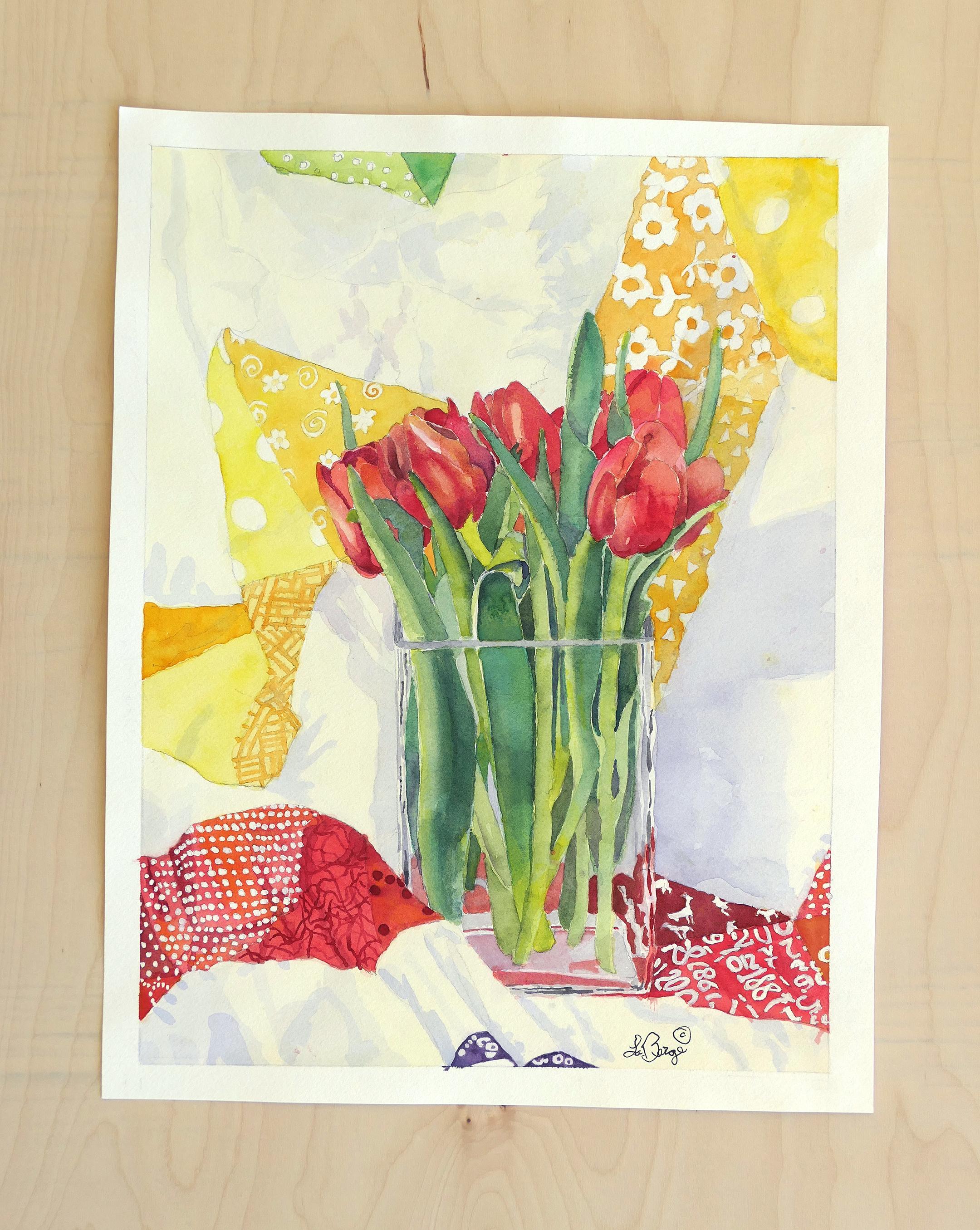 Tulip Friends in a Vase, Original Painting - Contemporary Art by Nancy LaBerge Muren