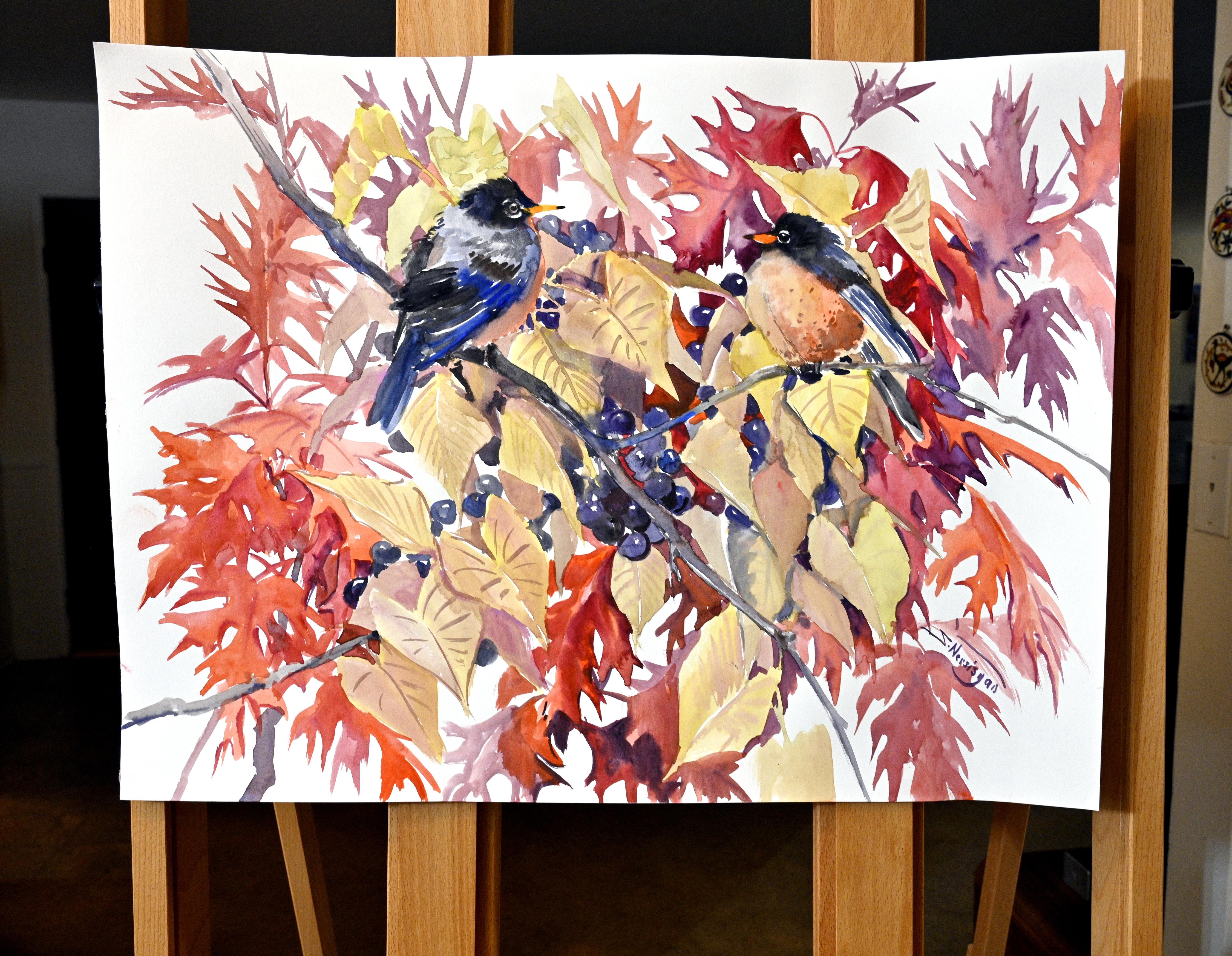 American Robins and Fall Foliage, Original Painting - Art by Suren Nersisyan