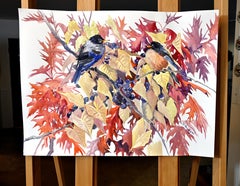 American Robins and Fall Foliage, Original Painting
