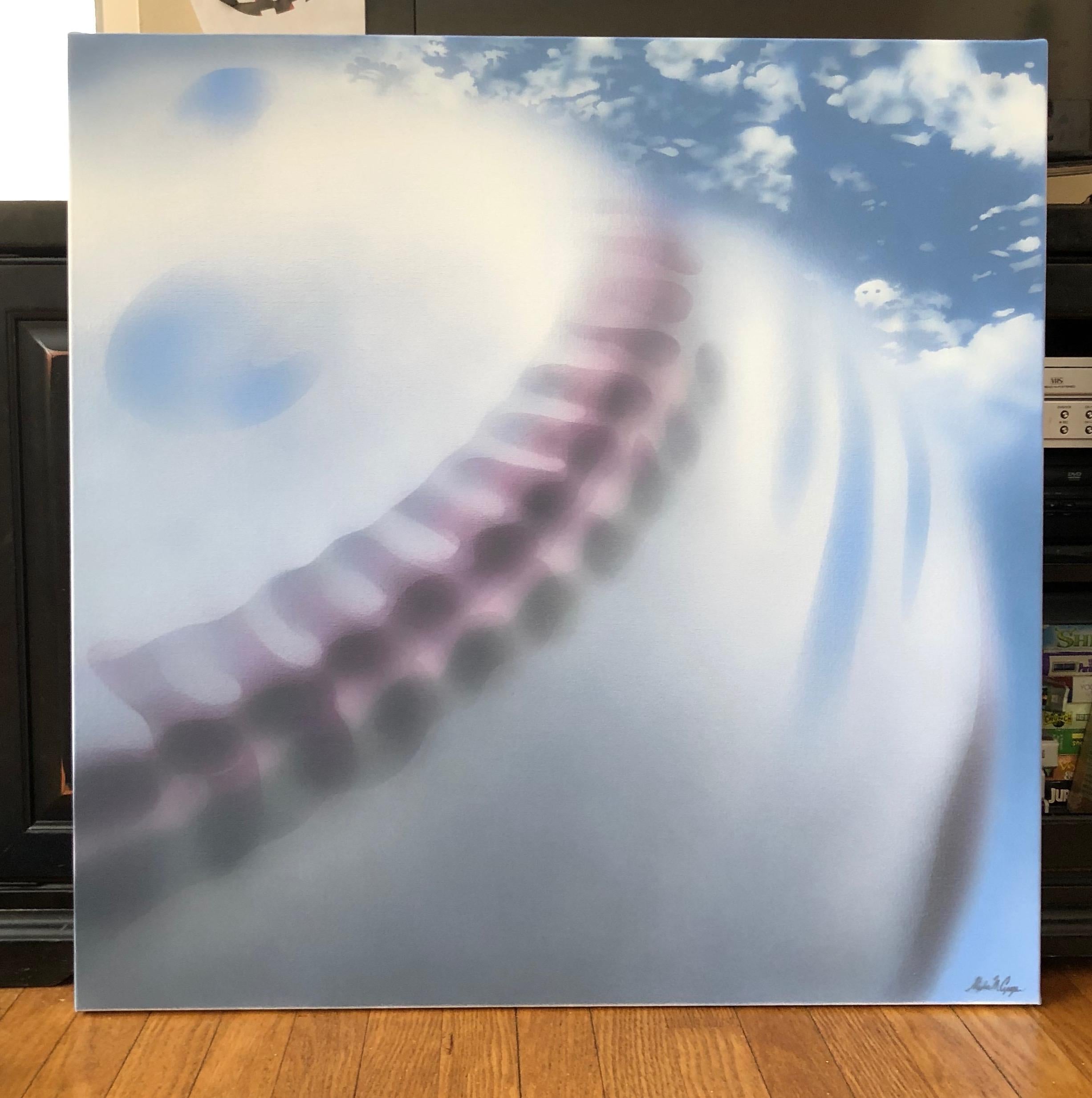 <p>Artist Comments<br>A baseball spins through the air, streaked with reflections from the blue sky above. High, slow moving clouds give the ball outsize scale and speed. Part of a series of photorealist paintings focusing on closeups of baseballs
