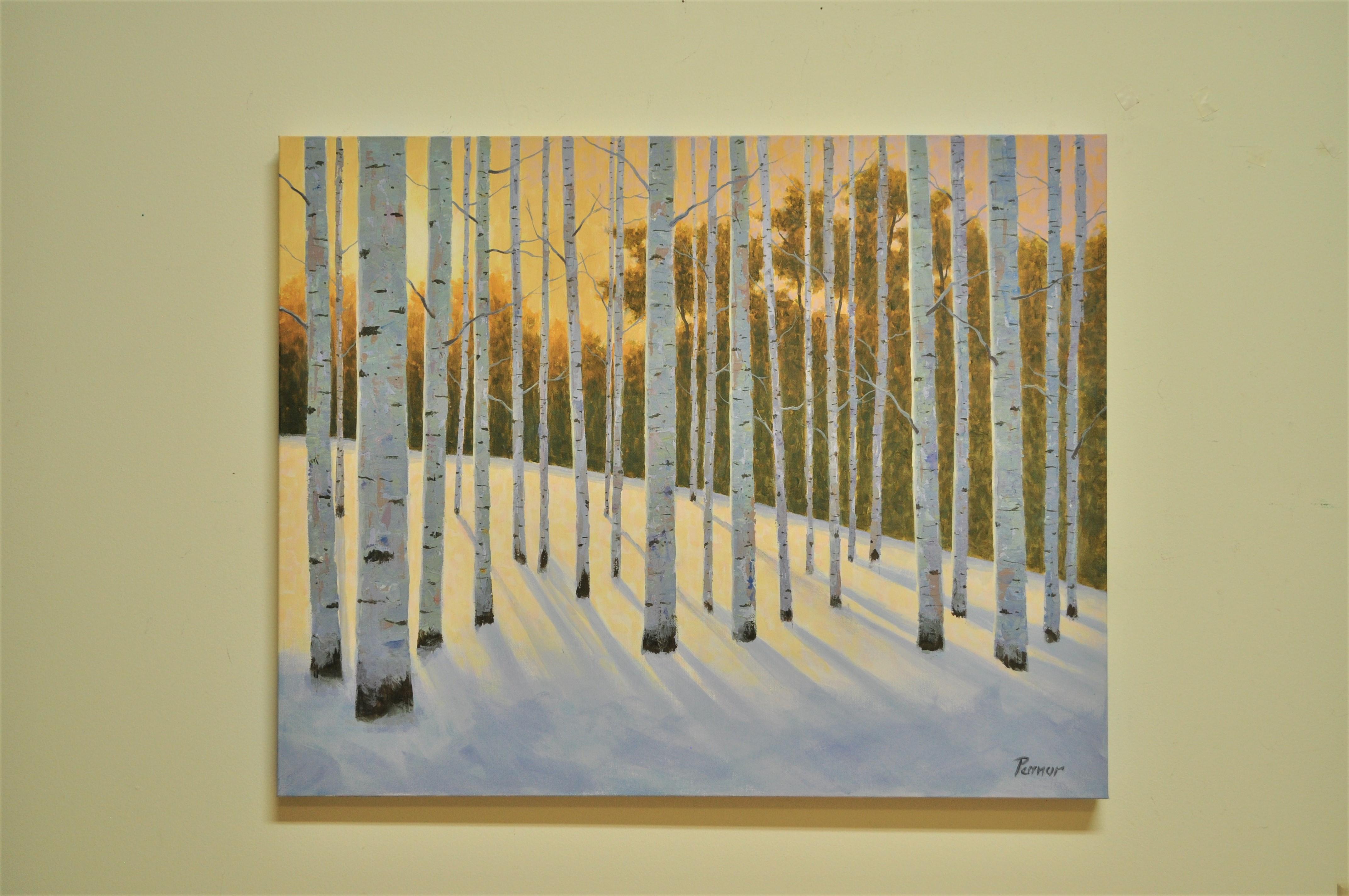 Sunset Aspens, Original Painting - Brown Landscape Painting by Robert Pennor