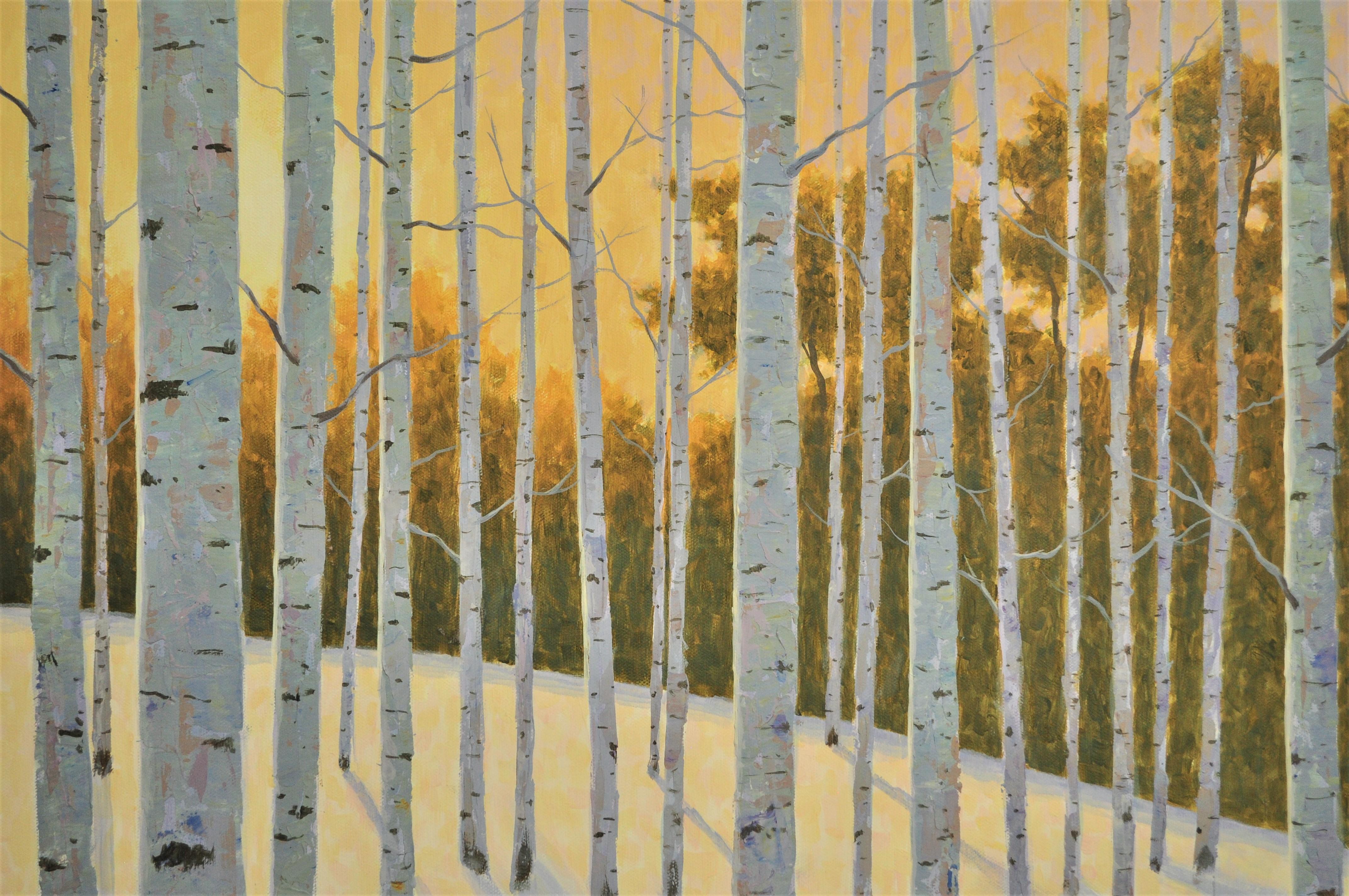 <p>Artist Comments<br>A late afternoon winter scene, with the setting sun casting long shadows through the tall aspens. The snowy hill and sky glow with the last soft light of the day. Robert used a palette knife to create the colorful paintwork in