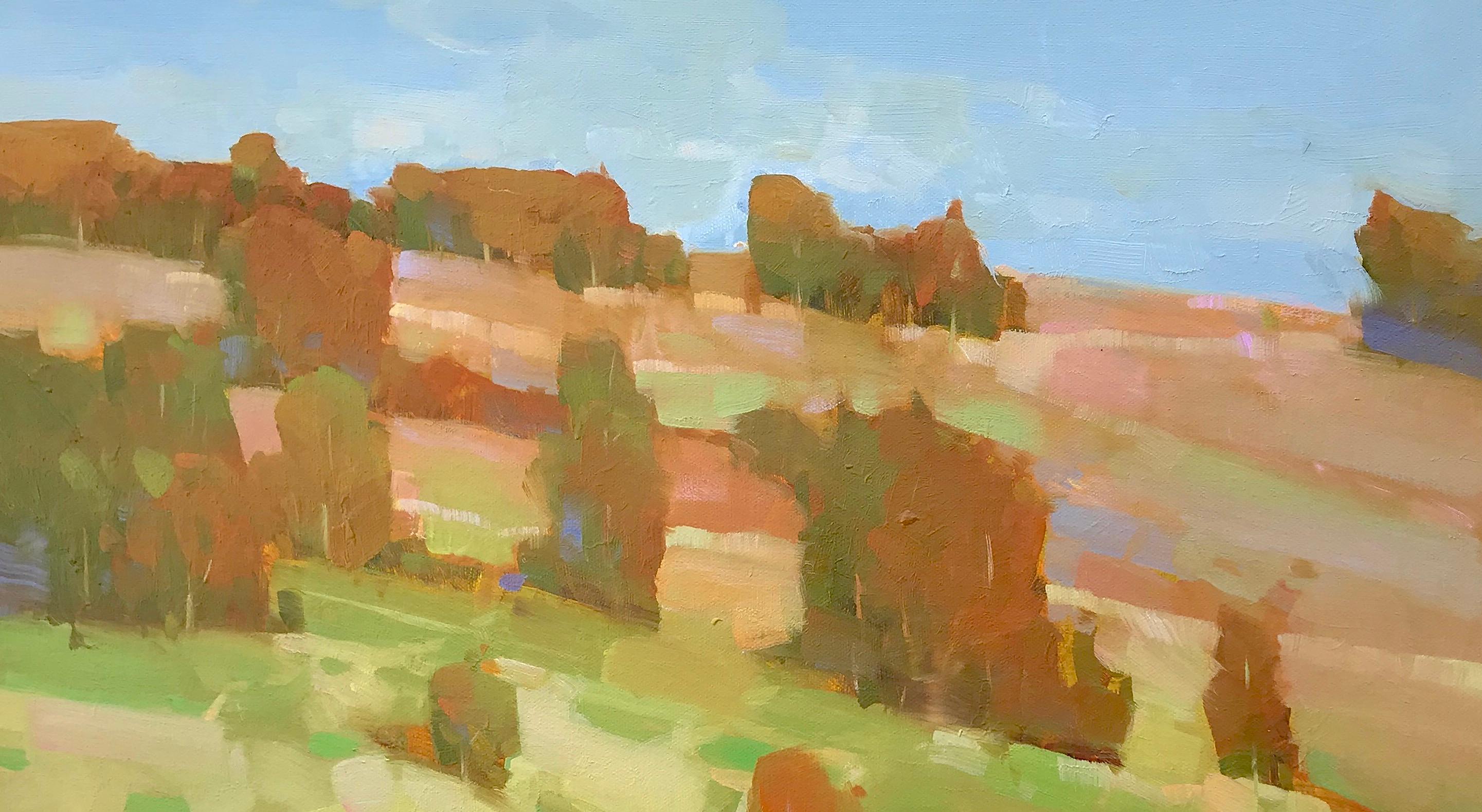 <p>Artist Comments<br>A sunny hillside in early autumn, the trees beginning to glow in rust and orange. Highlights of pink and blue in the distance add dimension and lead the eye back to the clear blue sky. Part of Vahe's long-running series of