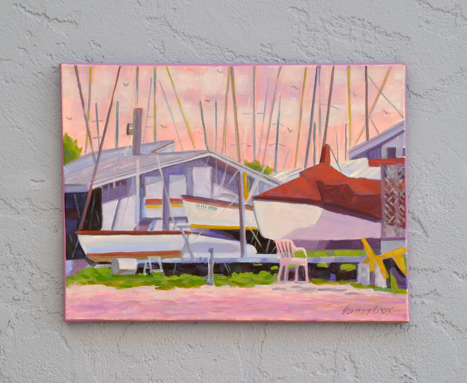 Island Boat Yard, Ölgemälde – Painting von Fernando Soler