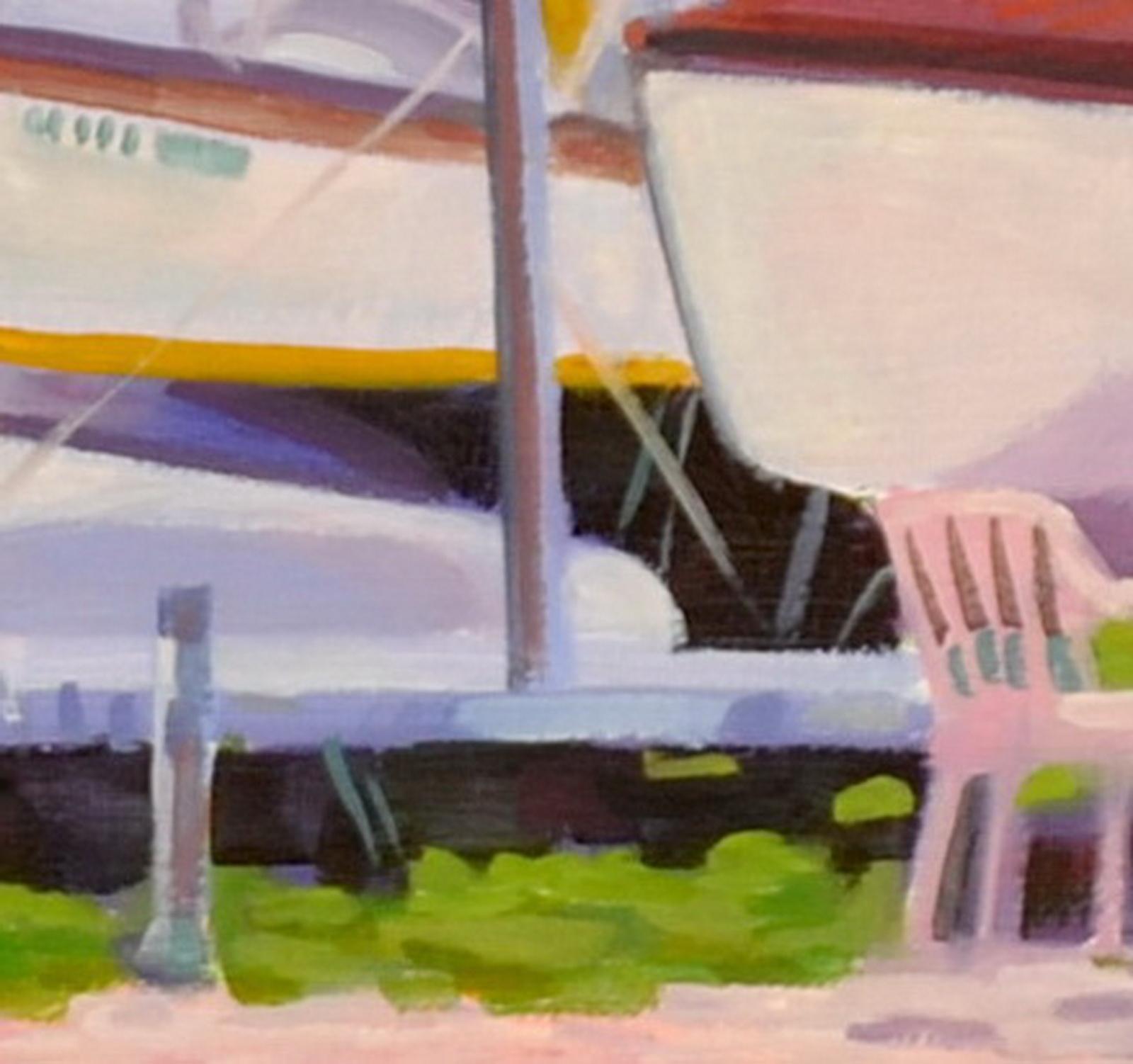 Island Boat Yard, Oil Painting - Beige Landscape Painting by Fernando Soler