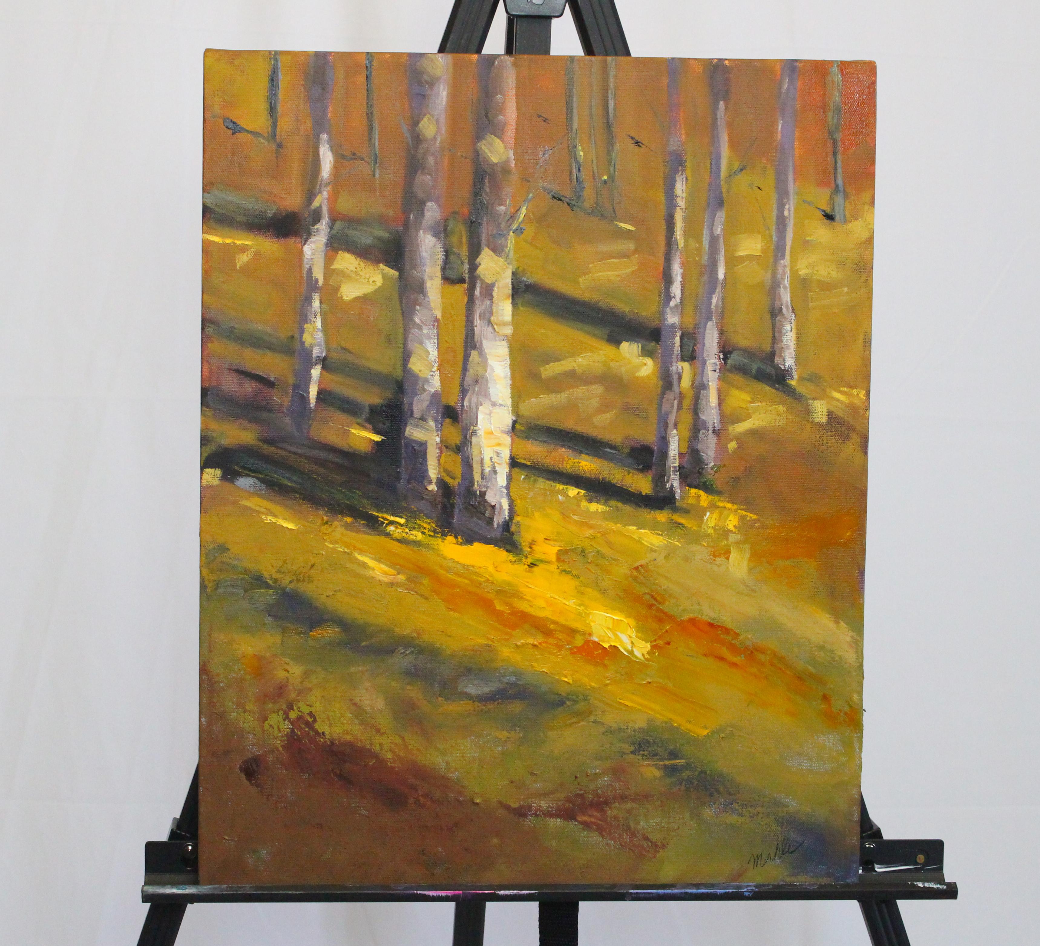 <p>Artist Comments<br>Afternoon shadows stretch across the forest floor, casting deep greens against the golden yellow, orange and umber autumn landscape. Part of Nancy's signature series of nature scenes. She spends a lot of time exploring the