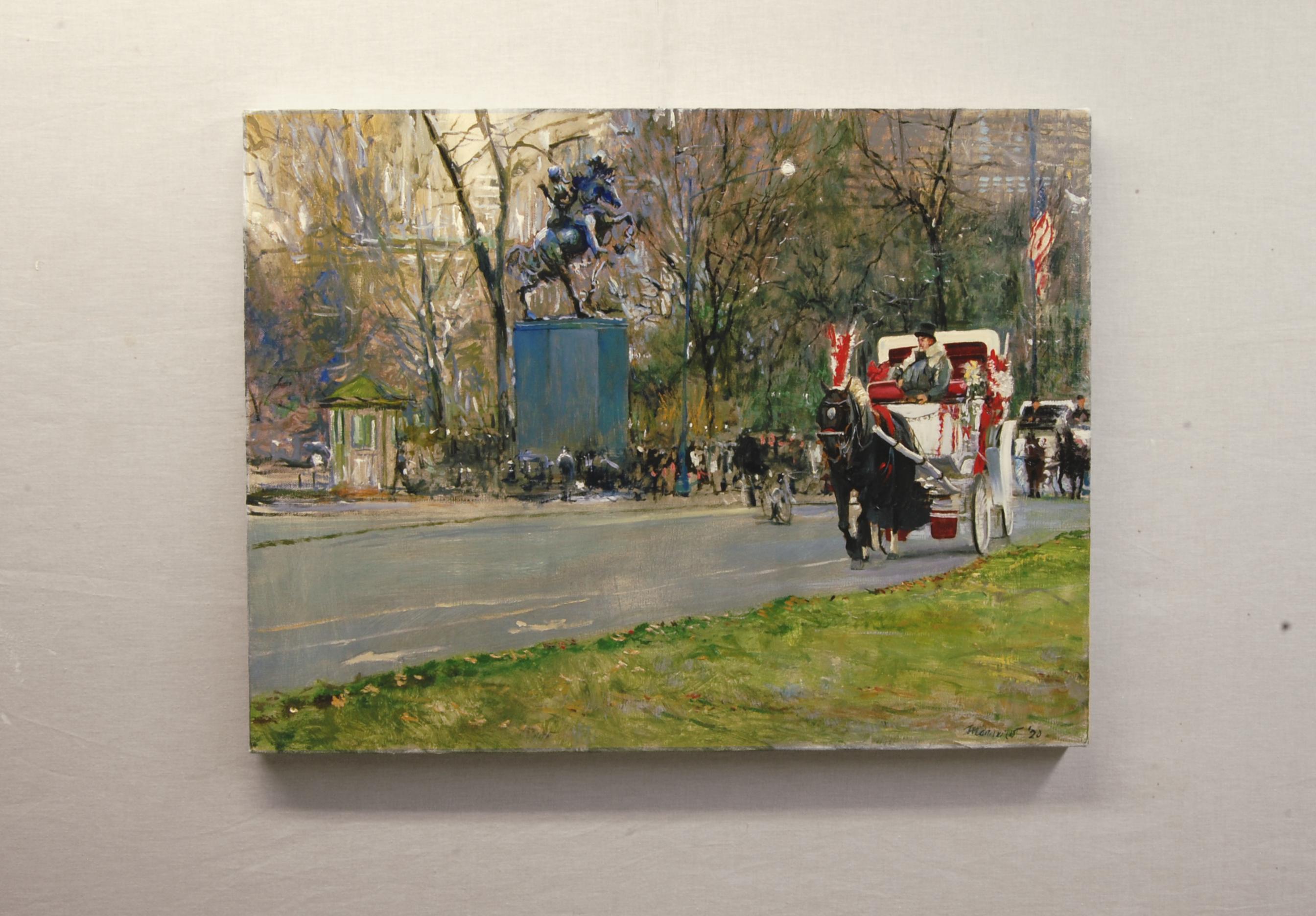 <p>Artist Comments<br>This scene depicts the south side of Manhattan's Central Park. People can hire hansom cabs along 59th Street. The rides begin along this street and the carriages meander through parts of southern Central Park. To the left, one