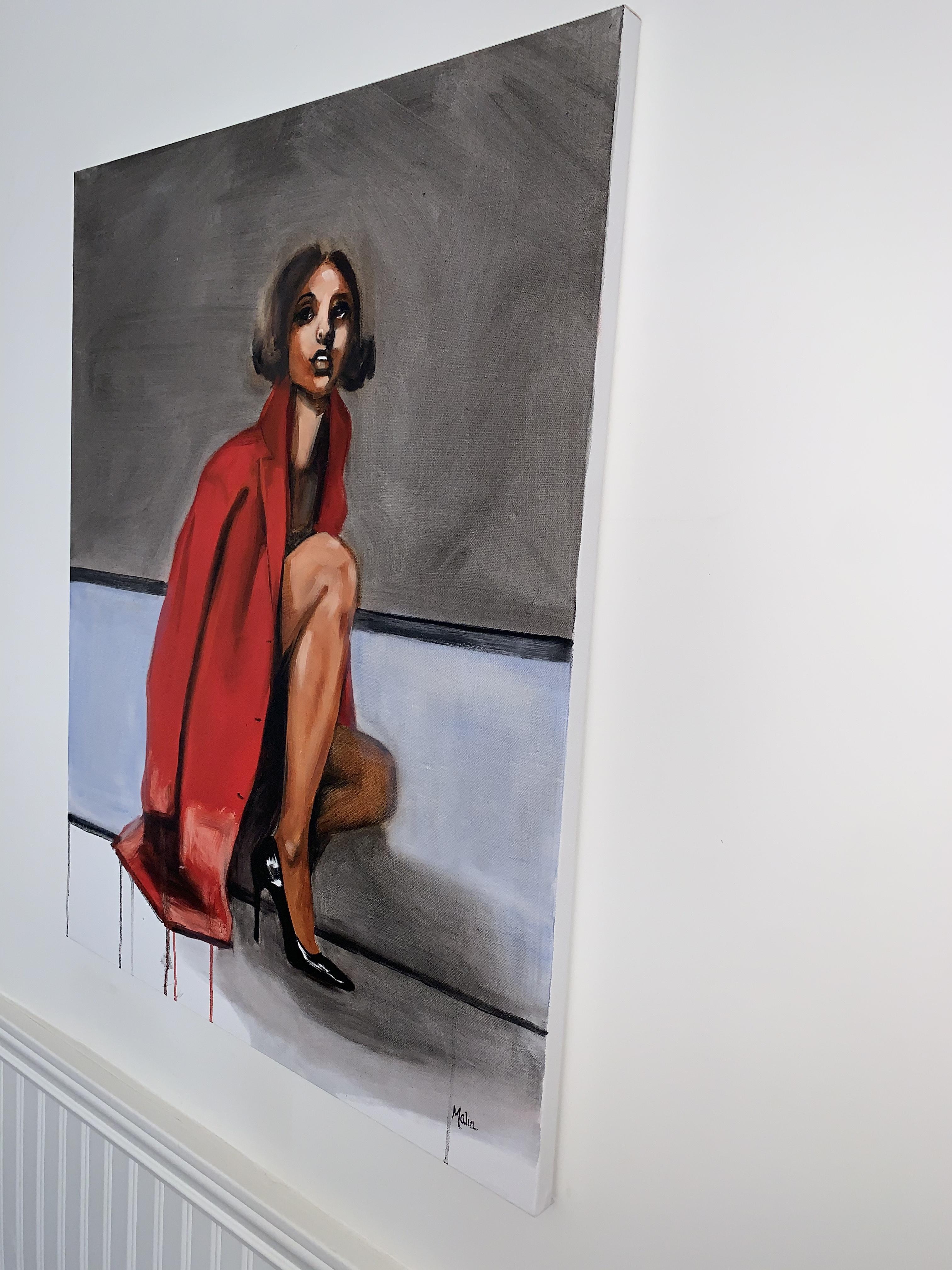 New Red Coat, Oil Painting - Gray Figurative Painting by Malia Pettit