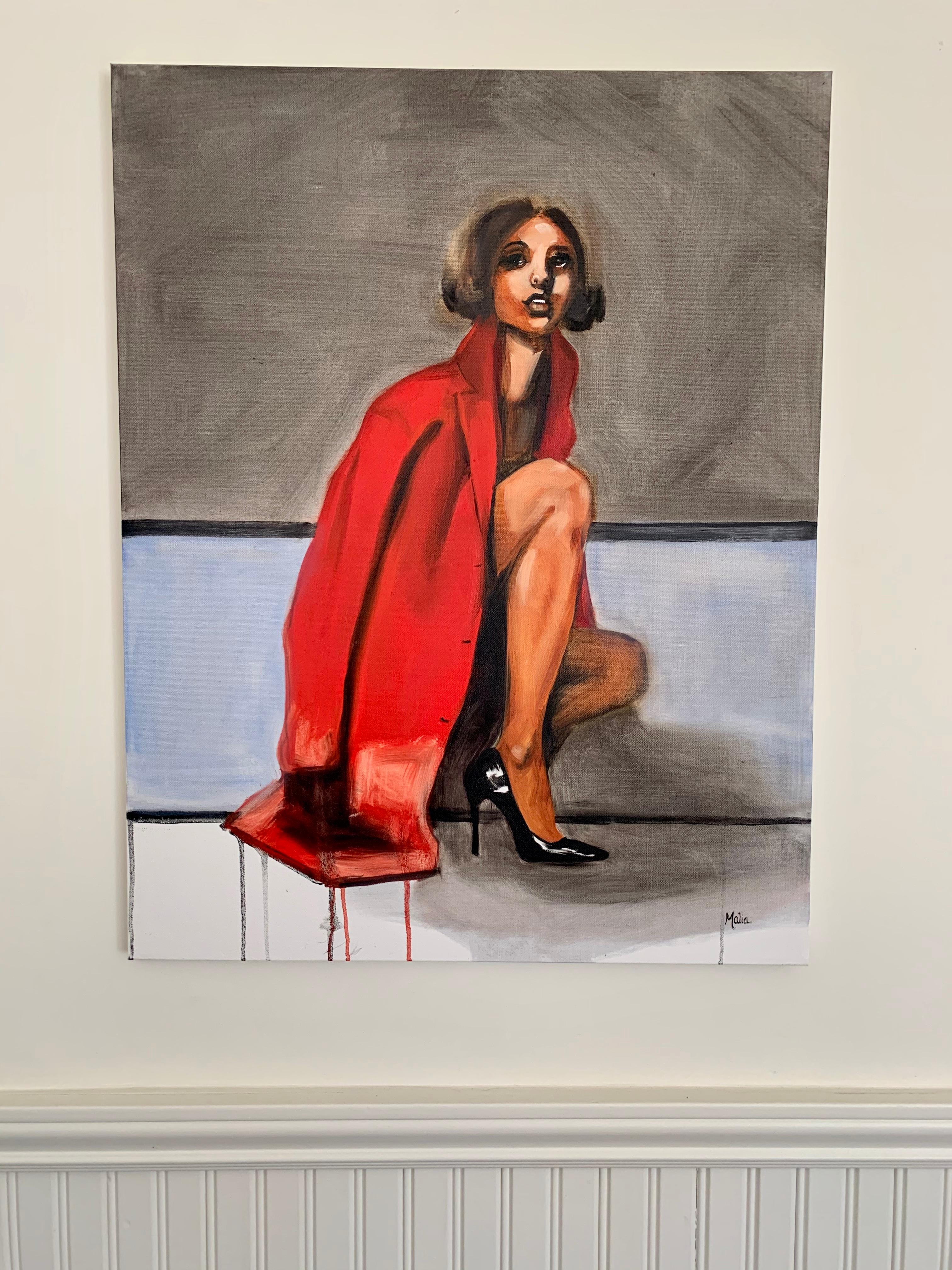 <p>Artist Comments<br>A woman in a brilliant red trench and heels kneels down, but she looks up and away. Her pose and gaze build a mysterious allure. The bands of horizontal grey and blue that frame the scene balance the powerful vertical lines and