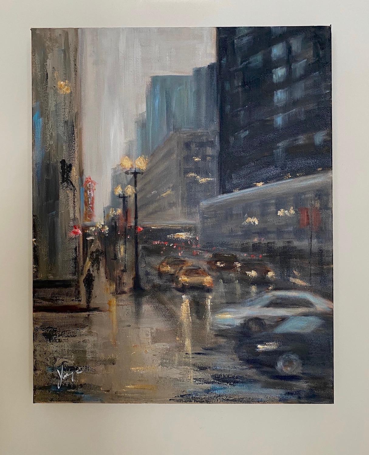 State Street at Dusk, Oil Painting - Black Interior Painting by Yangzi Xu