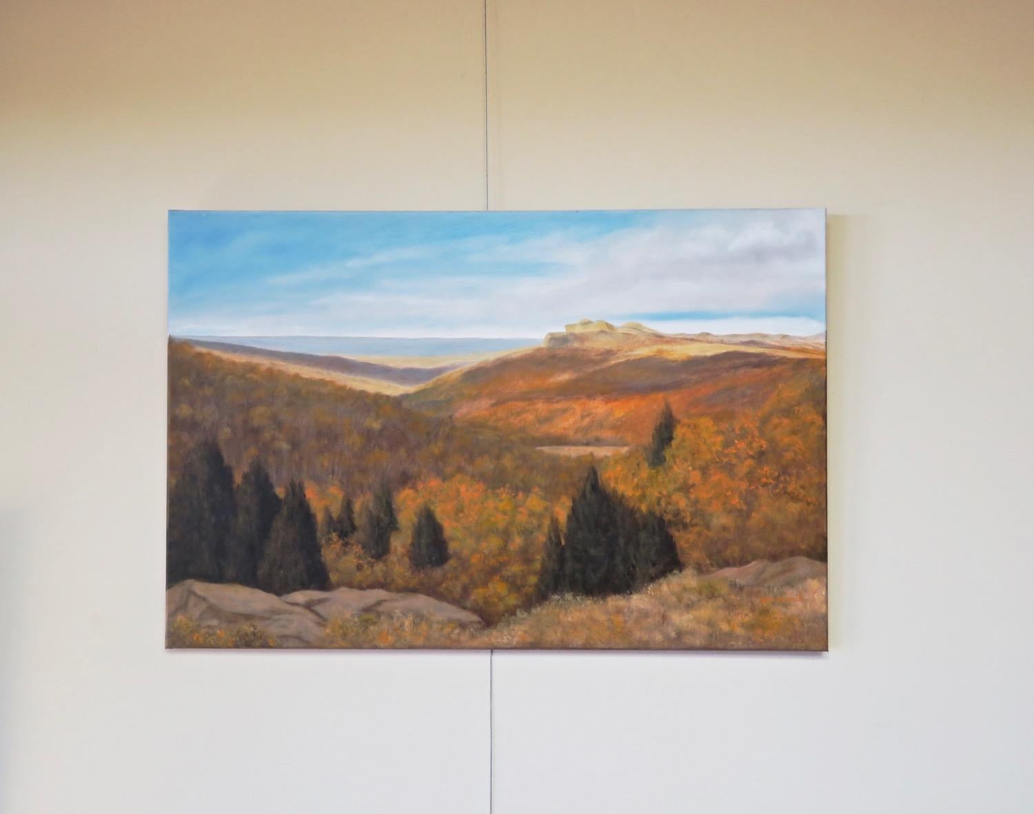 <p>Artist Comments<br />Artist Gene Rinchik loves painting mountain and valley vistas, especially from autumn scenes. This long view was from a spot between Chama and Taos in beautiful northern New Mexico. 