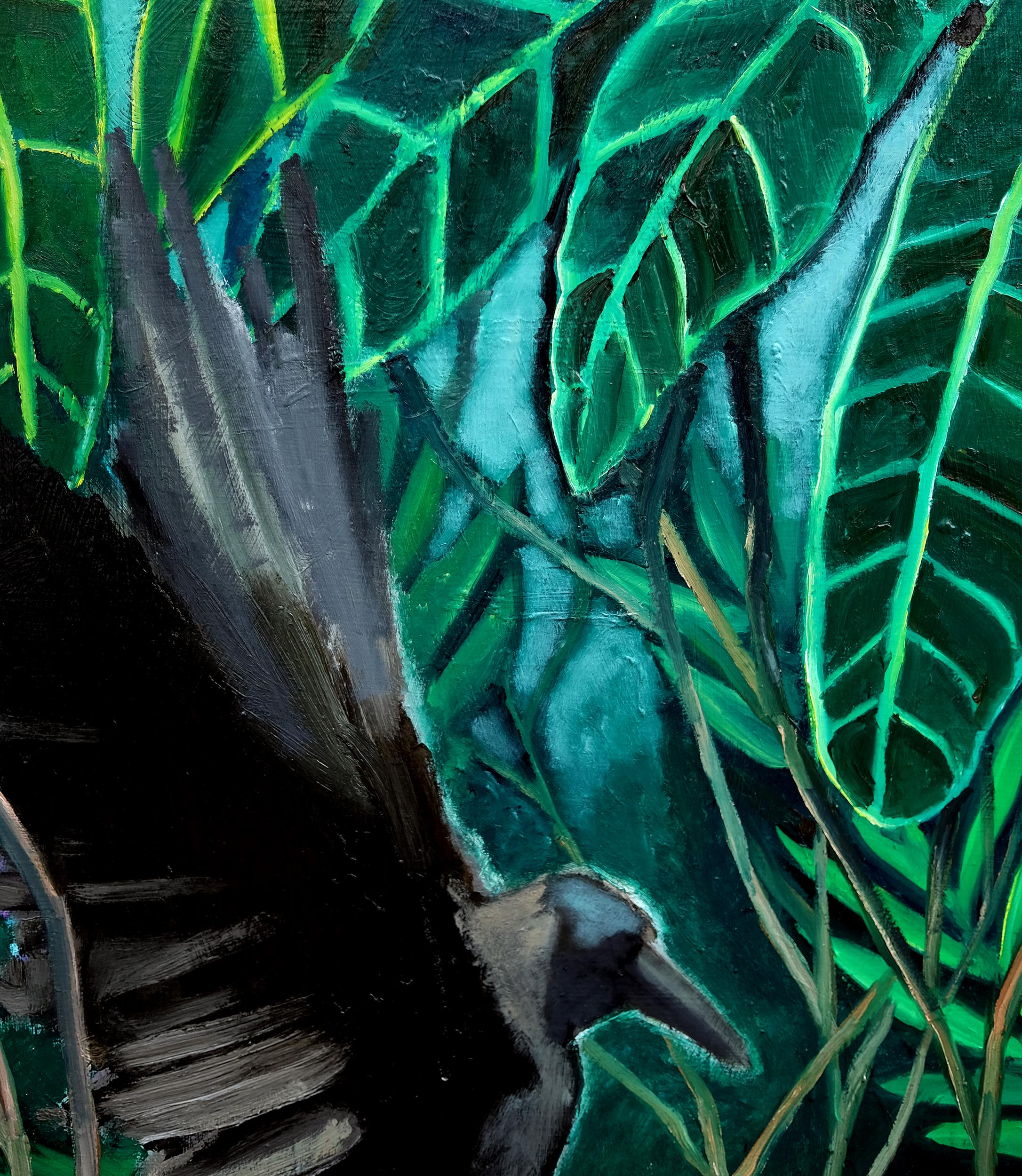 <p>Artist Comments<br />An expressionist view of a raven among dense green foliage. Artist Scott Dykema says he intentionally left the painting ambiguous as to whether the bird is landing to rest or stretching its wings into flight. The surrounding
