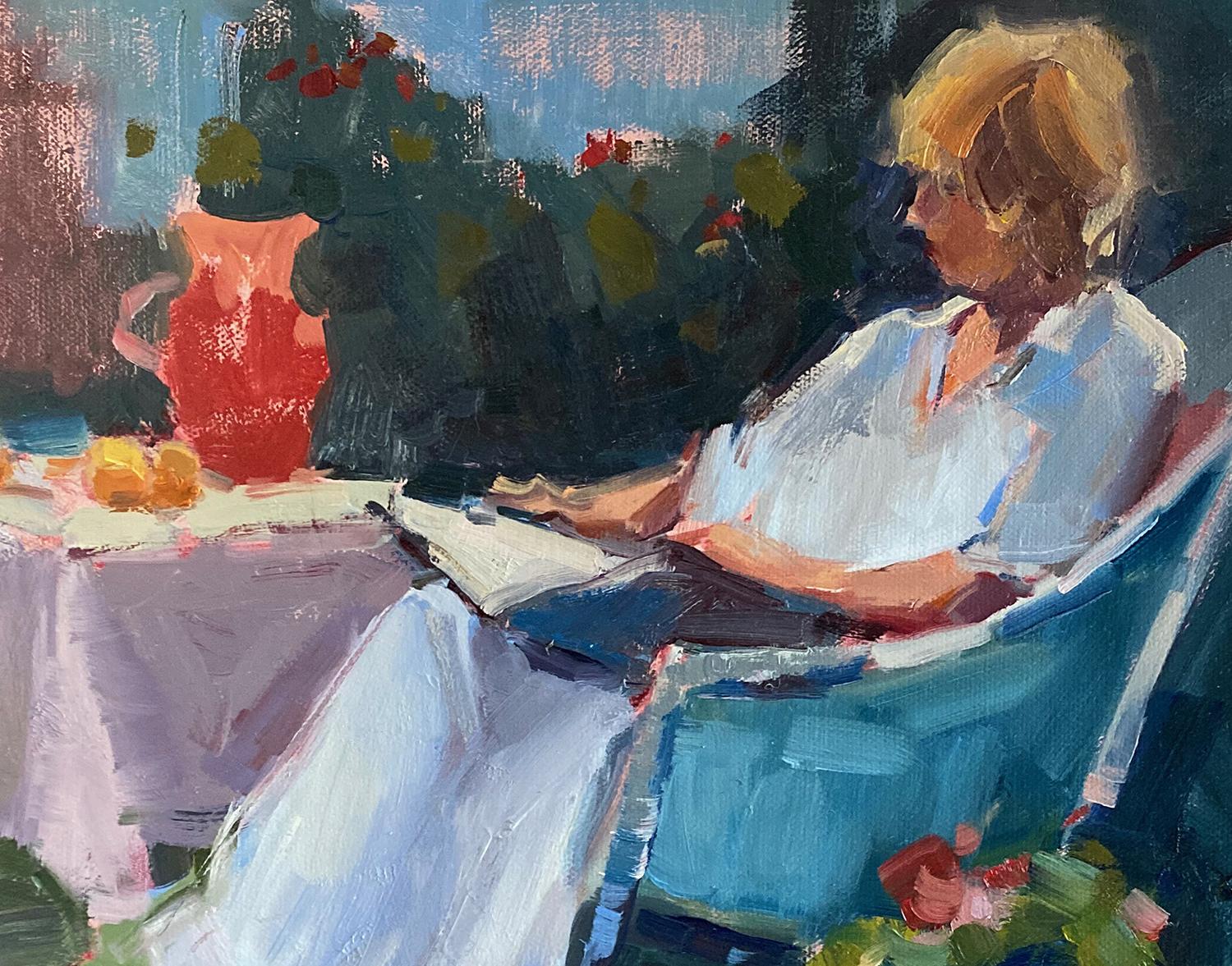 <p>Artist Comments<br />A women lounges in her spring garden reading the first pages of a new book. She is flanked by blooming planters, and to her right, a pitcher and several lemons rest on a small table. 
