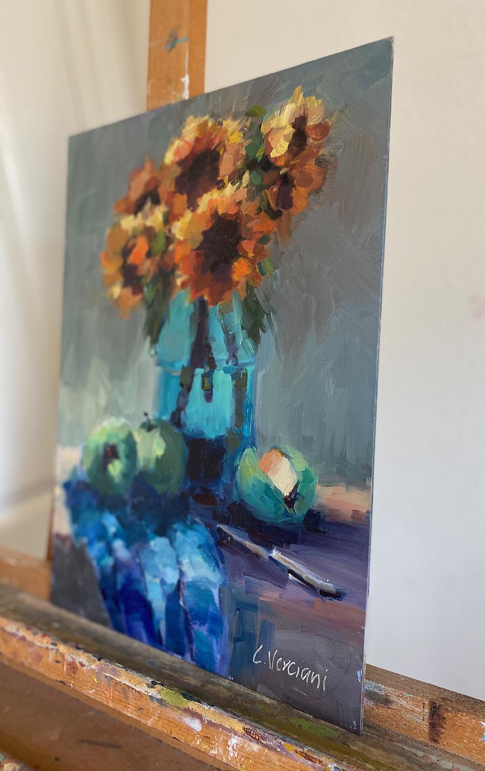 Sonnenblumen und grüne Äpfel, Ölgemälde (Abstrakter Impressionismus), Art, von Claudia Verciani