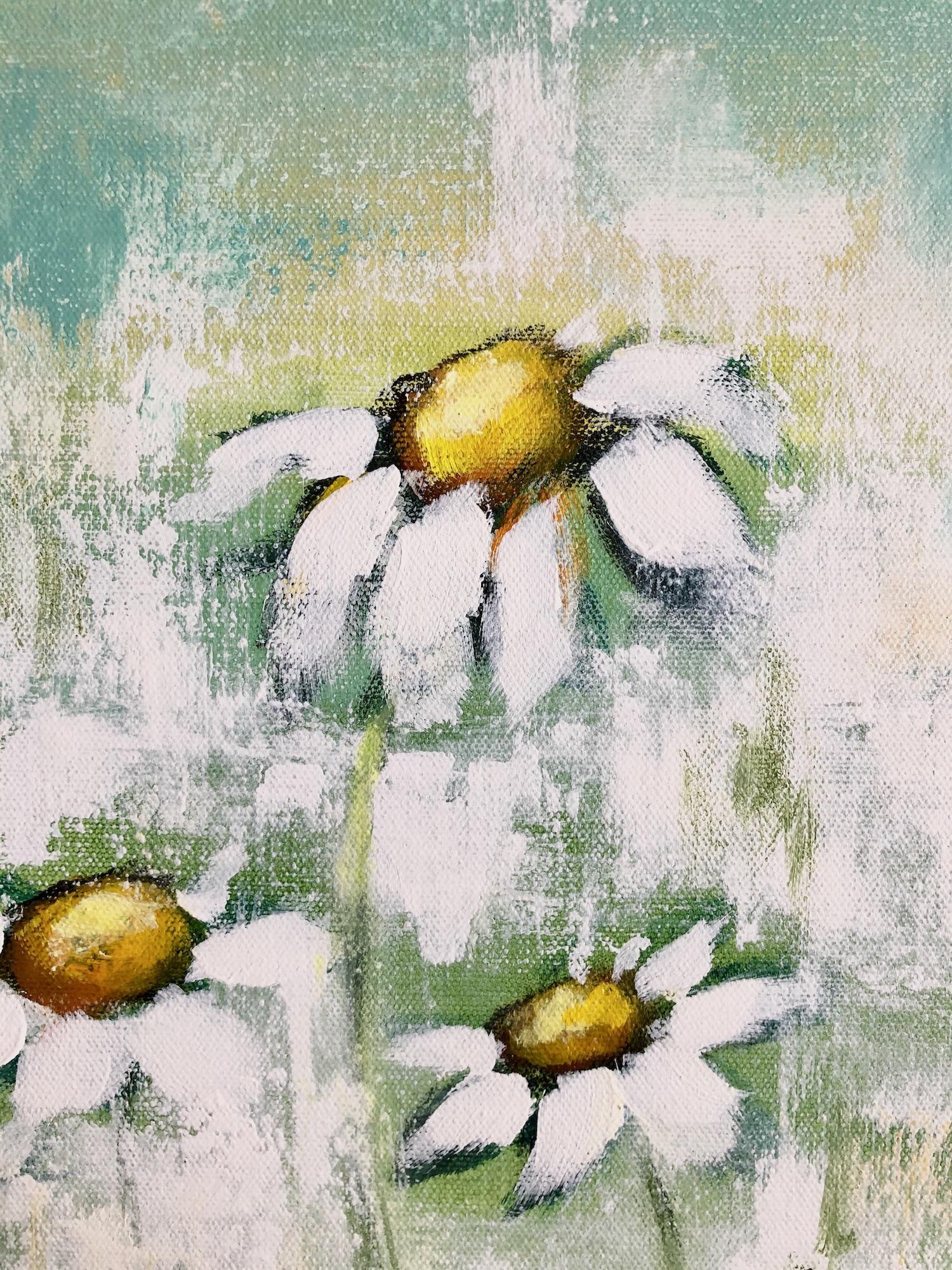 <p>Artist Comments<br />A painterly impressionist view of daisies blooming under a cool sky. 
