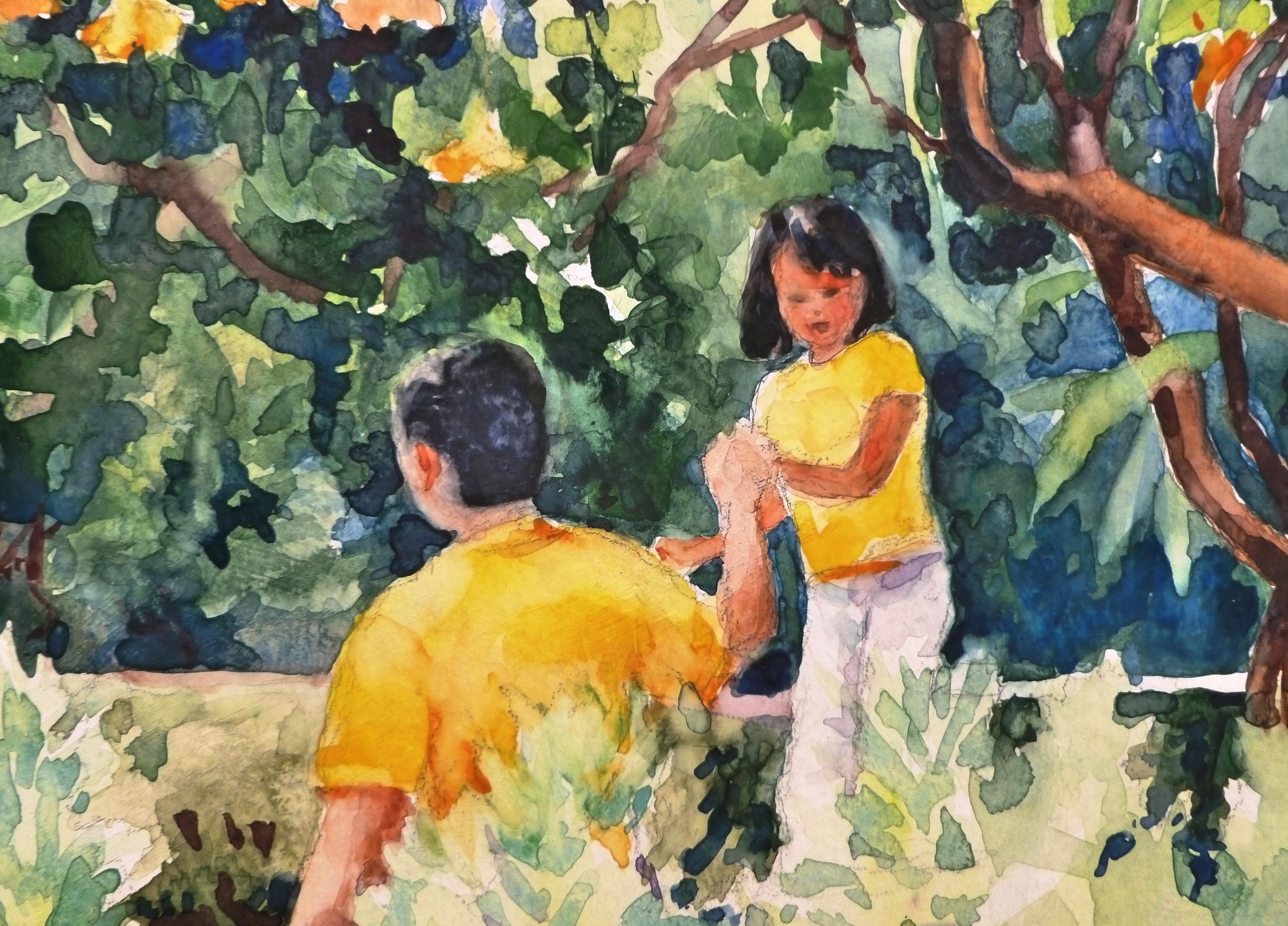 <p>Artist Comments<br>A young girl reaches for her father's ready hand to guide her while she walks along a low wall in a lush garden. 