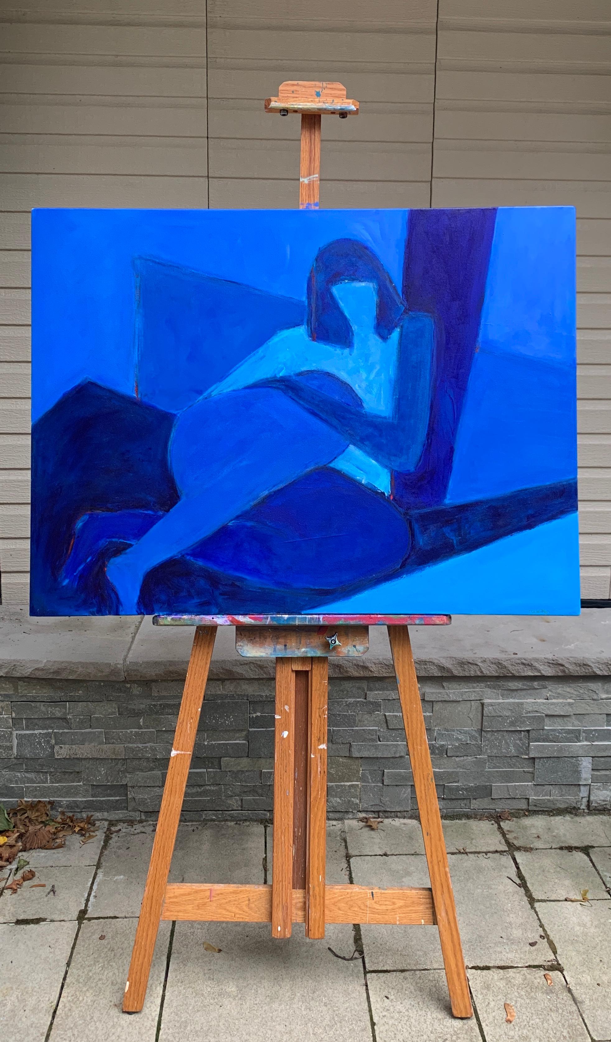 Shadow Play, Original Painting - Blue Nude Painting by Robin Okun
