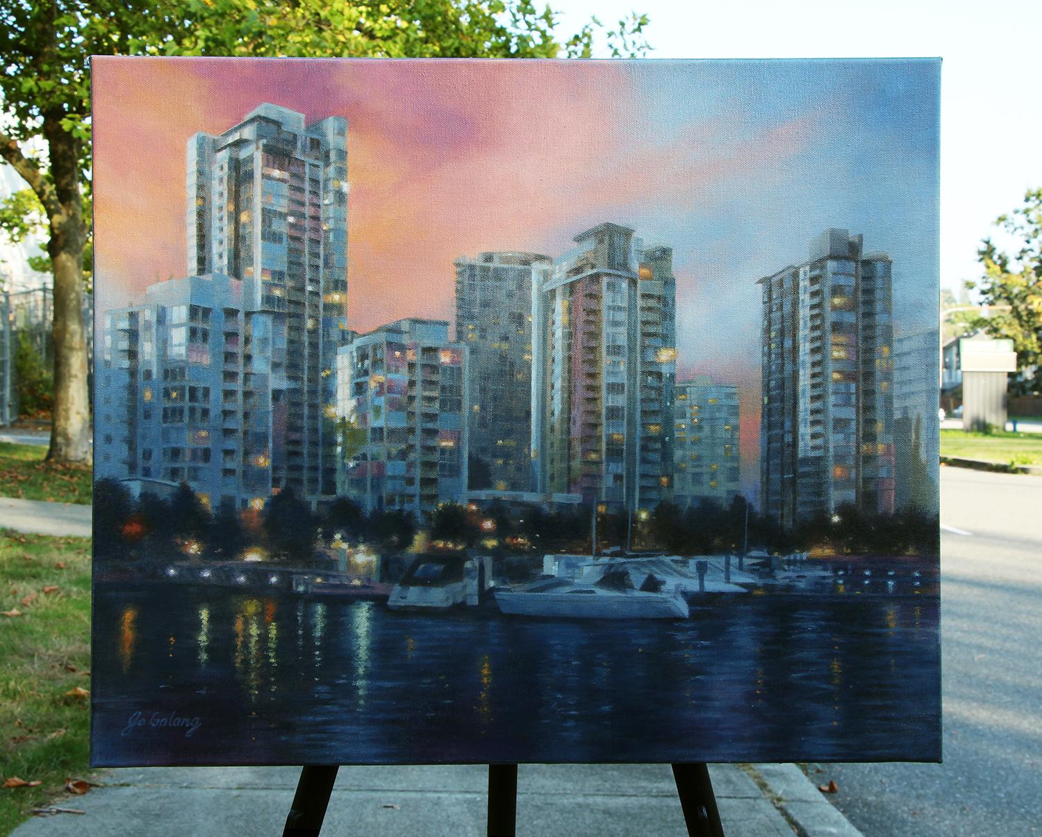 Twilight on False Creek, Oil Painting - Black Interior Painting by Jo Galang