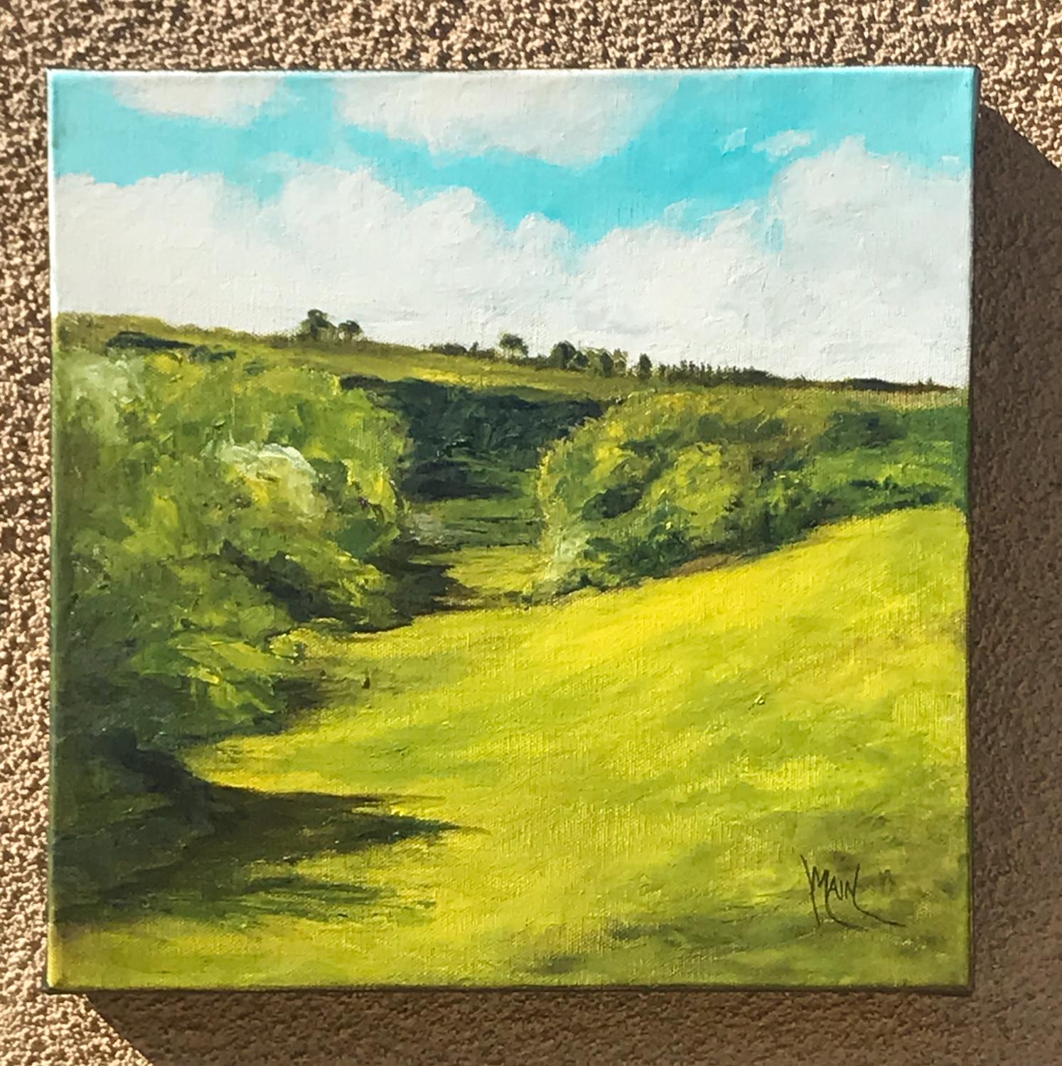 <p>Commentaires de l'artiste<br />L'artiste Mandy Main a basé cette peinture sur une promenade qu'elle a faite en Toscane juste après un orage. Des nuages flottent dans un ciel bleu ciel. De longues ombres s'étendent sur le premier plan jaune-vert,