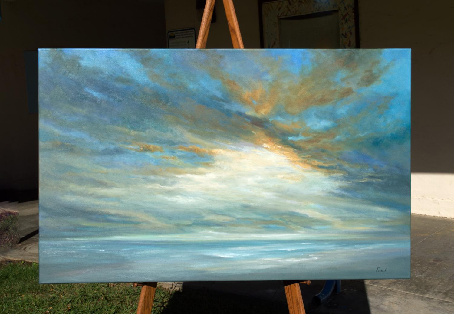 <p>Artist Comments<br />Using her signature style of highly nuanced colors and dramatic values, artist Sheila Finch captures a fleeting moment of sunlight dancing beyond the October coastal clouds above the Pacific Ocean. Teal, blue, gold, yellow,