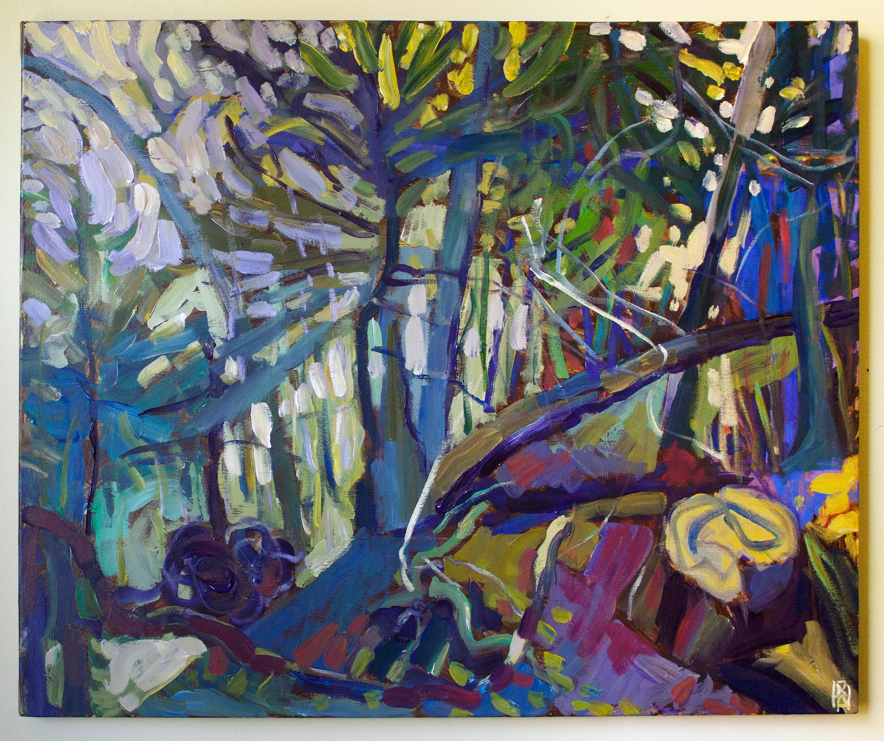 Forest with Fallen Tree, Original Painting - Gray Landscape Painting by Robert Hofherr