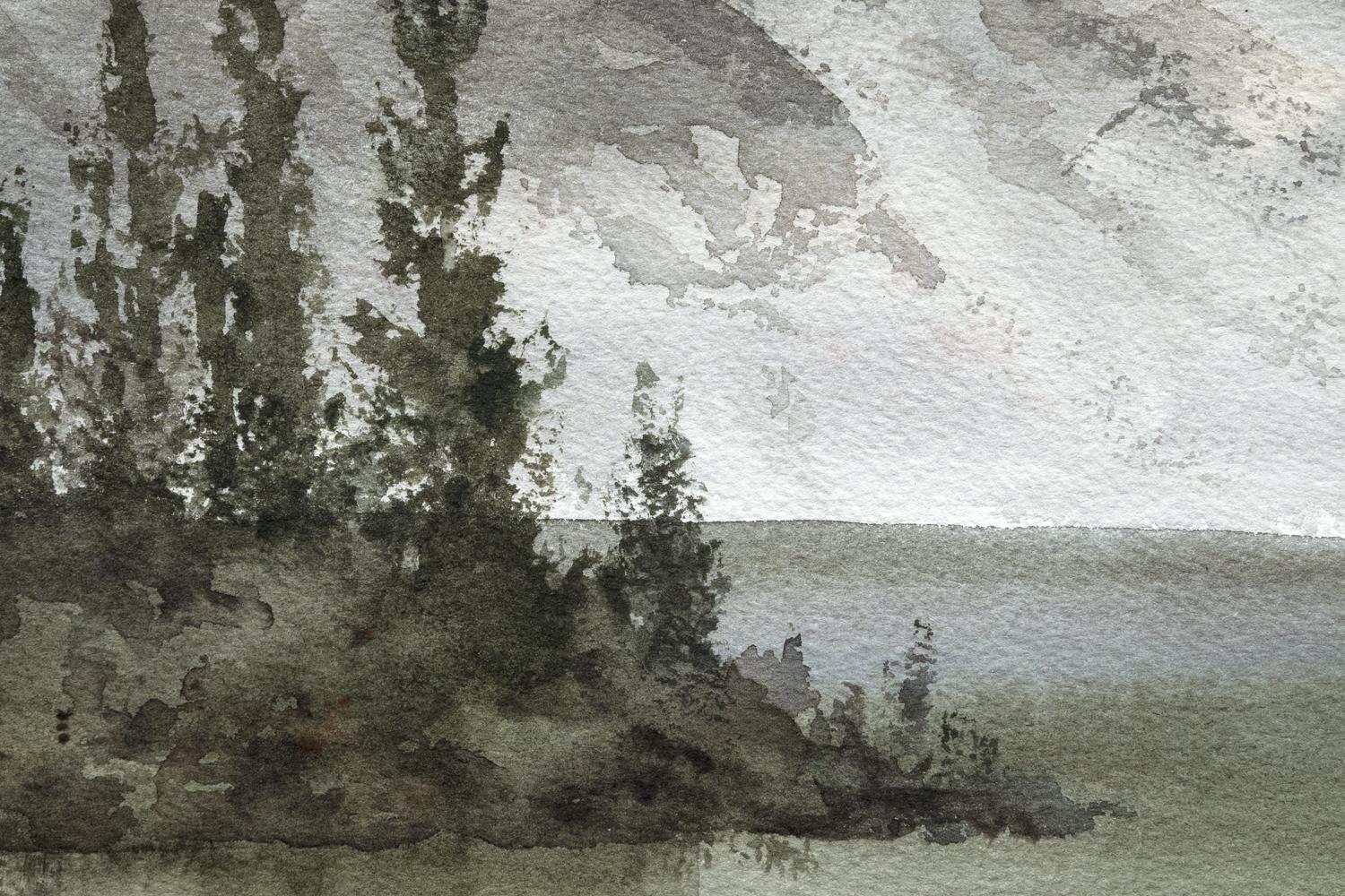 <p>Artist Comments<br>A western landscape featuring a quiet lake at the edge of a mountain range. Delicate, misty clouds pass overhead. 