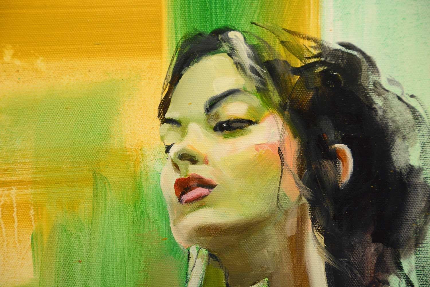 <p>Artist Comments<br>A contemplative portrait rendered in bright oranges and green. Artist Gary Leonard first developed the abstract background and then worked the figure into the composition. 