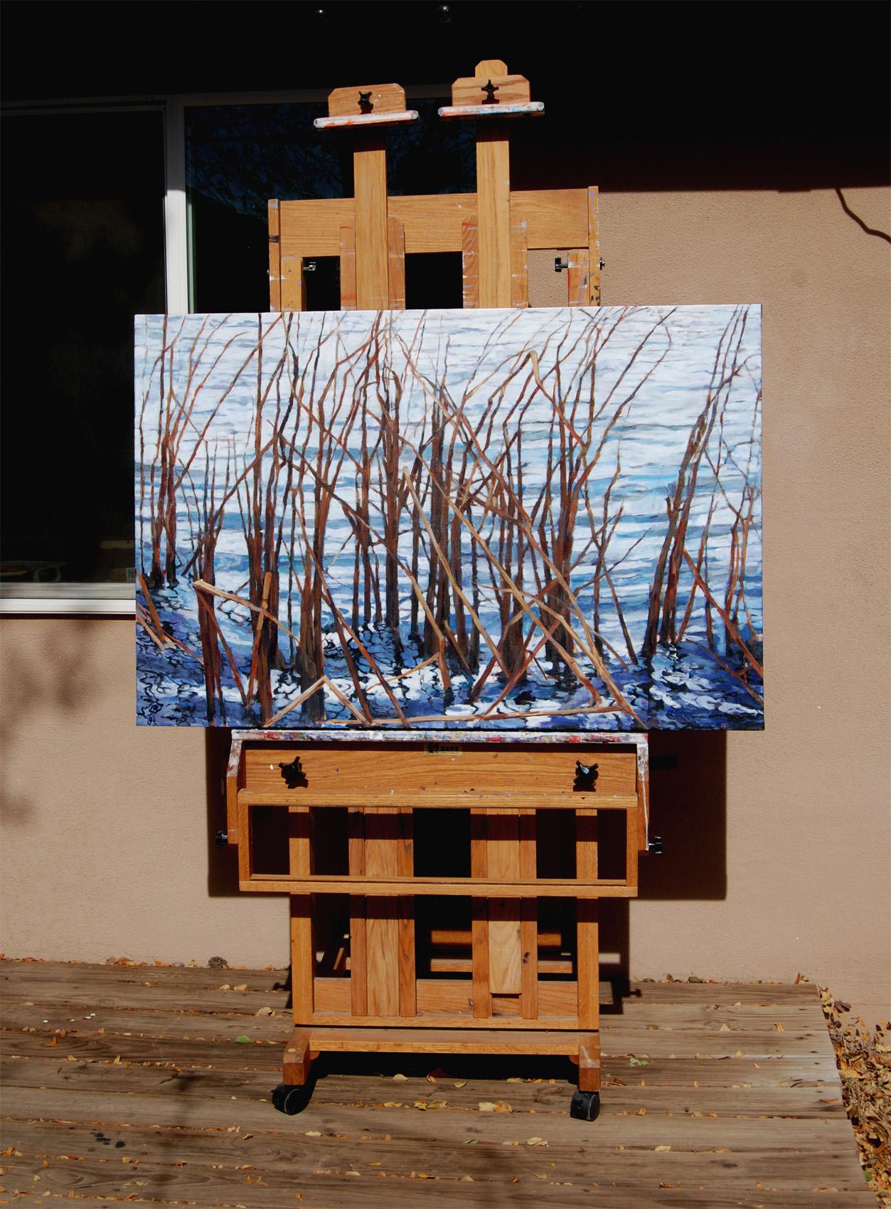 <p>Artist Comments<br>Reeds along the edge of a lake in the Gila National Forest. This painting is a slight abstraction of the lake, accentuating the pattern of lines created by the strong vertical reeds and the equally strong horizontals from the