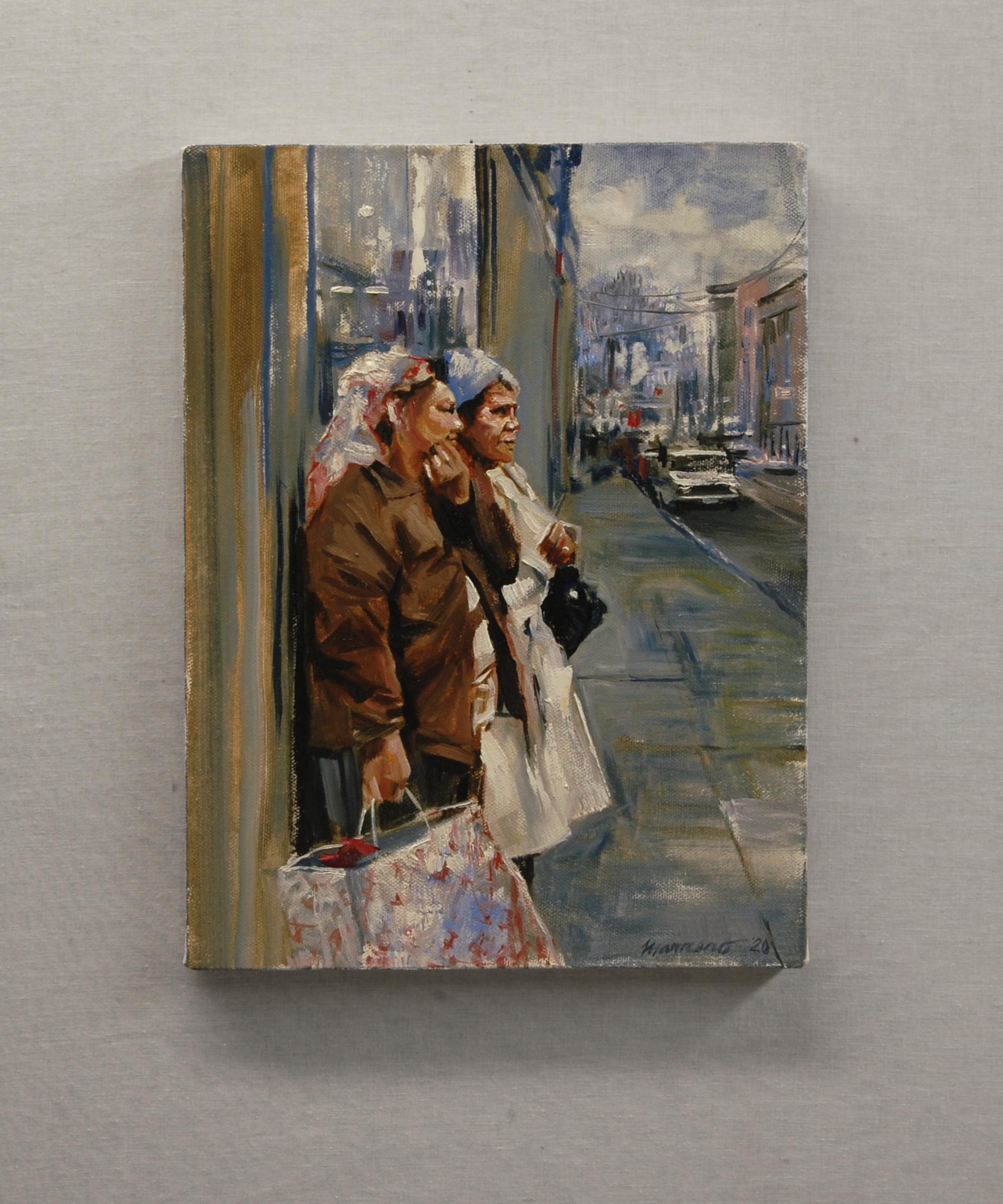 <p>Artist Comments<br>An alla prima painting portraying two women standing and gossiping on a city street corner as they wait for the bus. Their body language and gestures are rendered in brushwork reminiscent of John Singer Sargent and Burton
