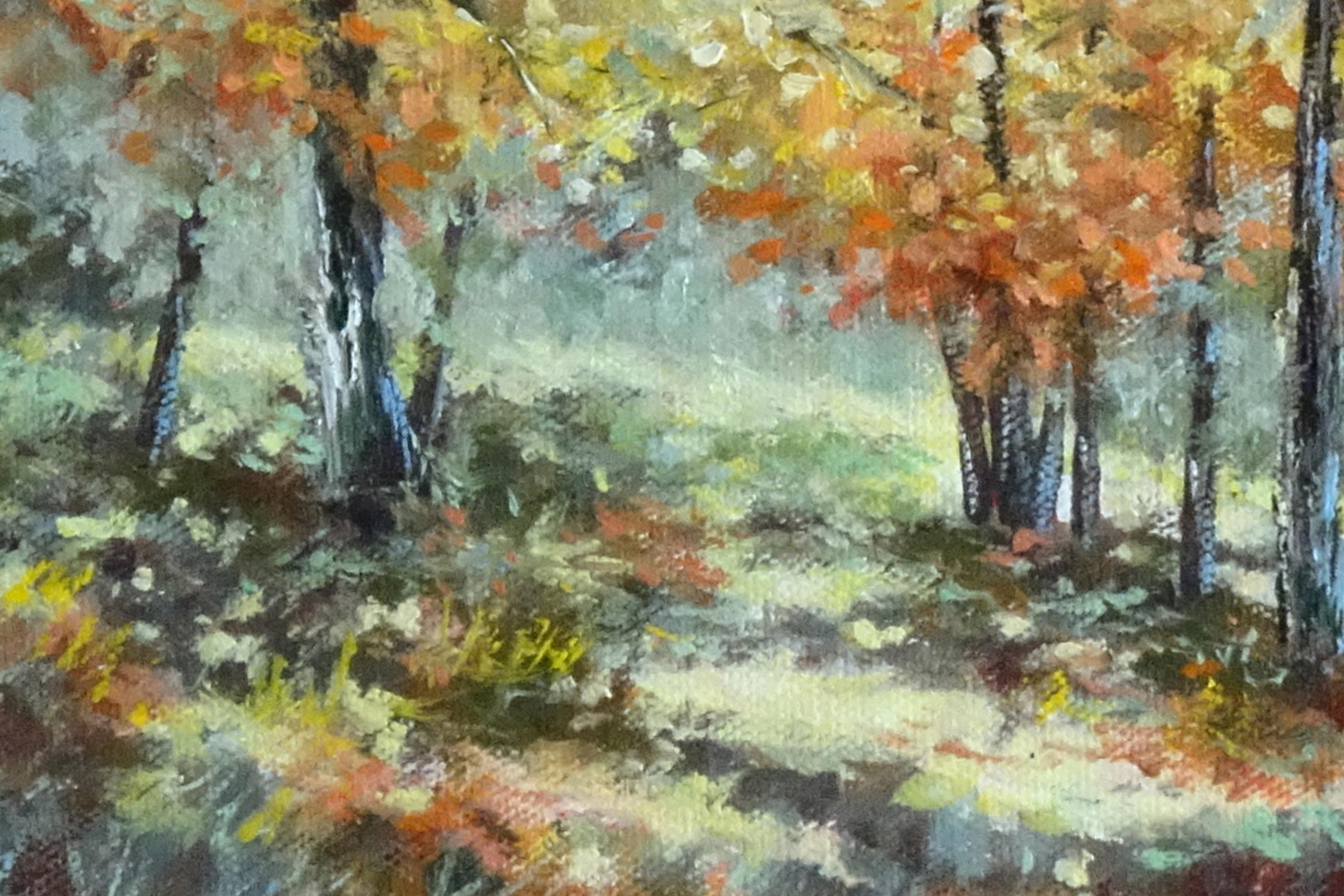 Ombres d'automne, peinture à l'huile - Marron Landscape Painting par Gail Greene