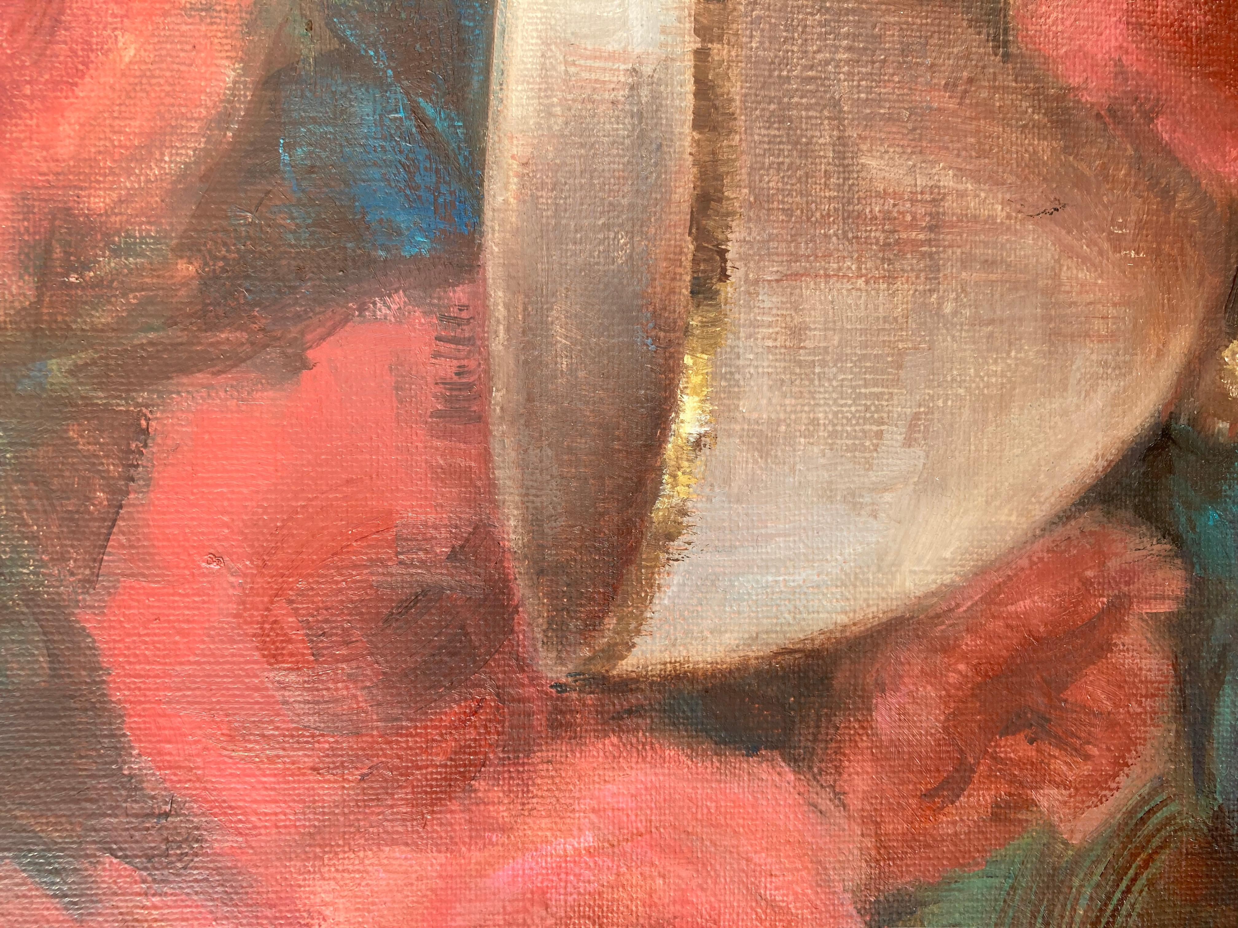 Rot, Rosa und Aqua, Ölgemälde (Braun), Still-Life Painting, von Lisa Nielsen