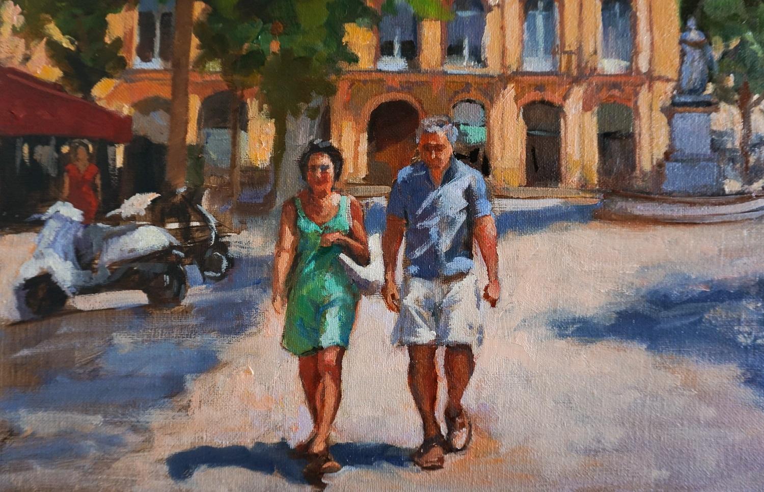 Afternoon Stroll in Provence, Oil Painting - Black Figurative Painting by Jonelle Summerfield