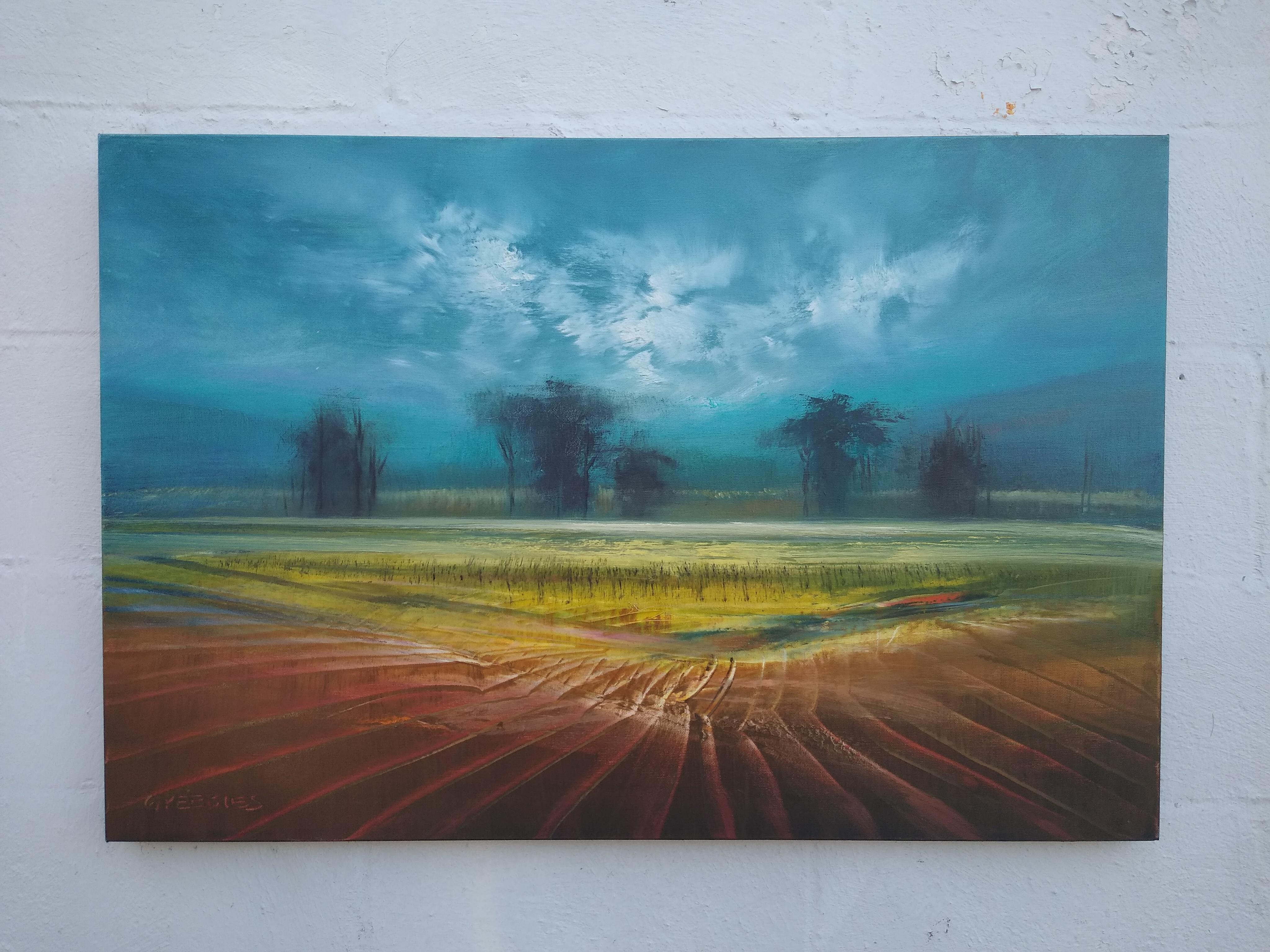 <p>Artist Comments<br />A sweeping landscape of an illuminated valley at sunset. Mist-covered trees in the distance point up to a stormy sky. Dramatic shades of blue and green hover over earthy yellows, oranges and browns in the foreground. Artist