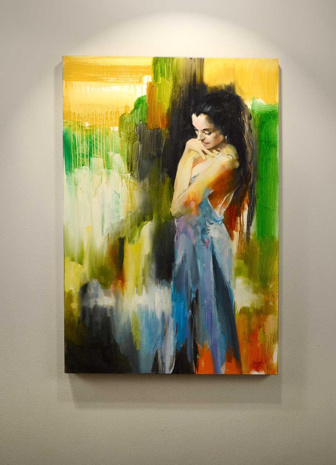 <p>Commentaires de l'artiste<br>Une figure solitaire se tient à droite de la composition, complétée par une cascade abstraite de verts, rouge-orange, violet et bleu. Son visage et son torse baignent délicatement dans une lumière chaude. 
