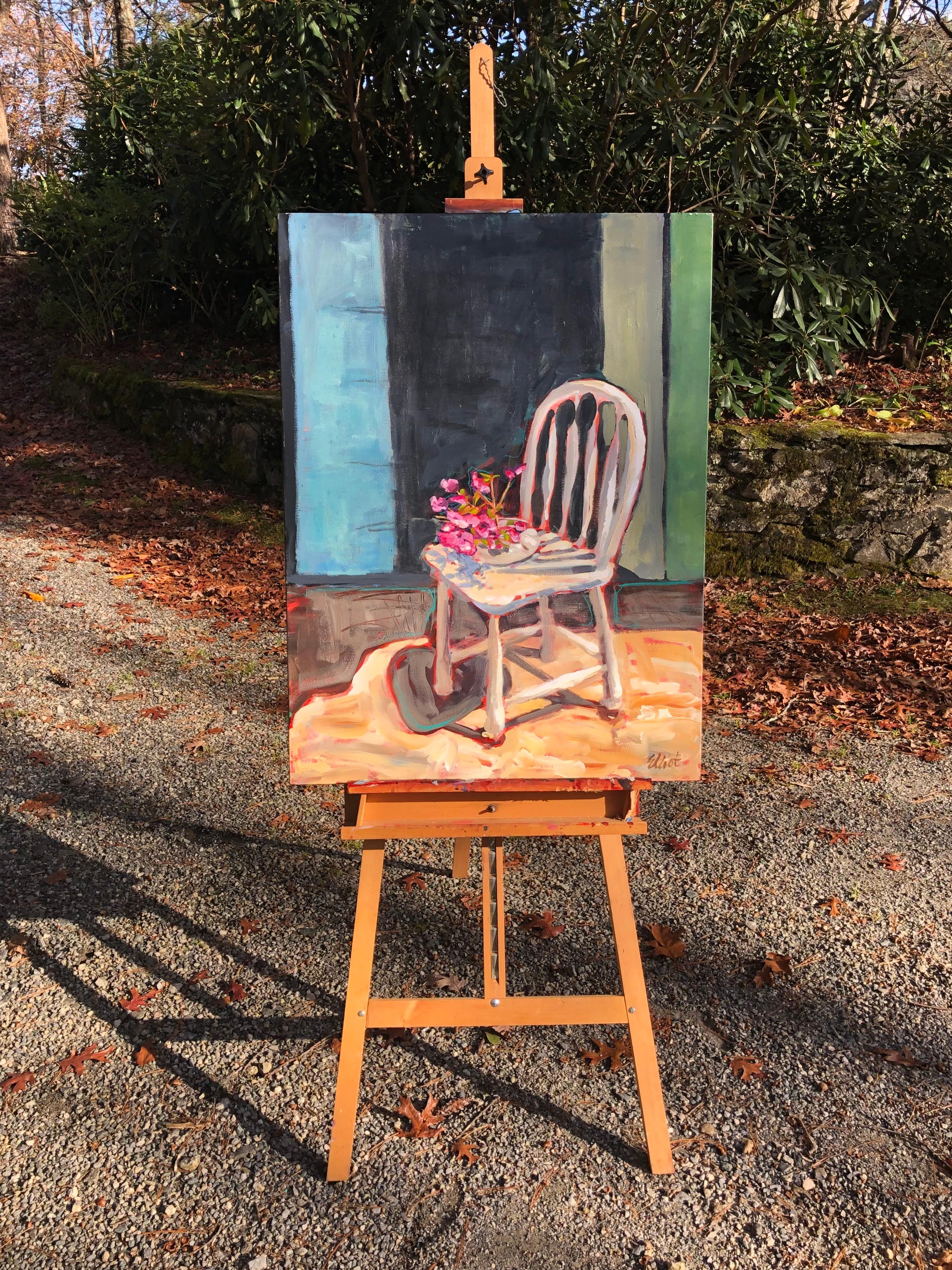 Chair with Azaleas, Original Painting - Gray Still-Life Painting by Elliot Coatney