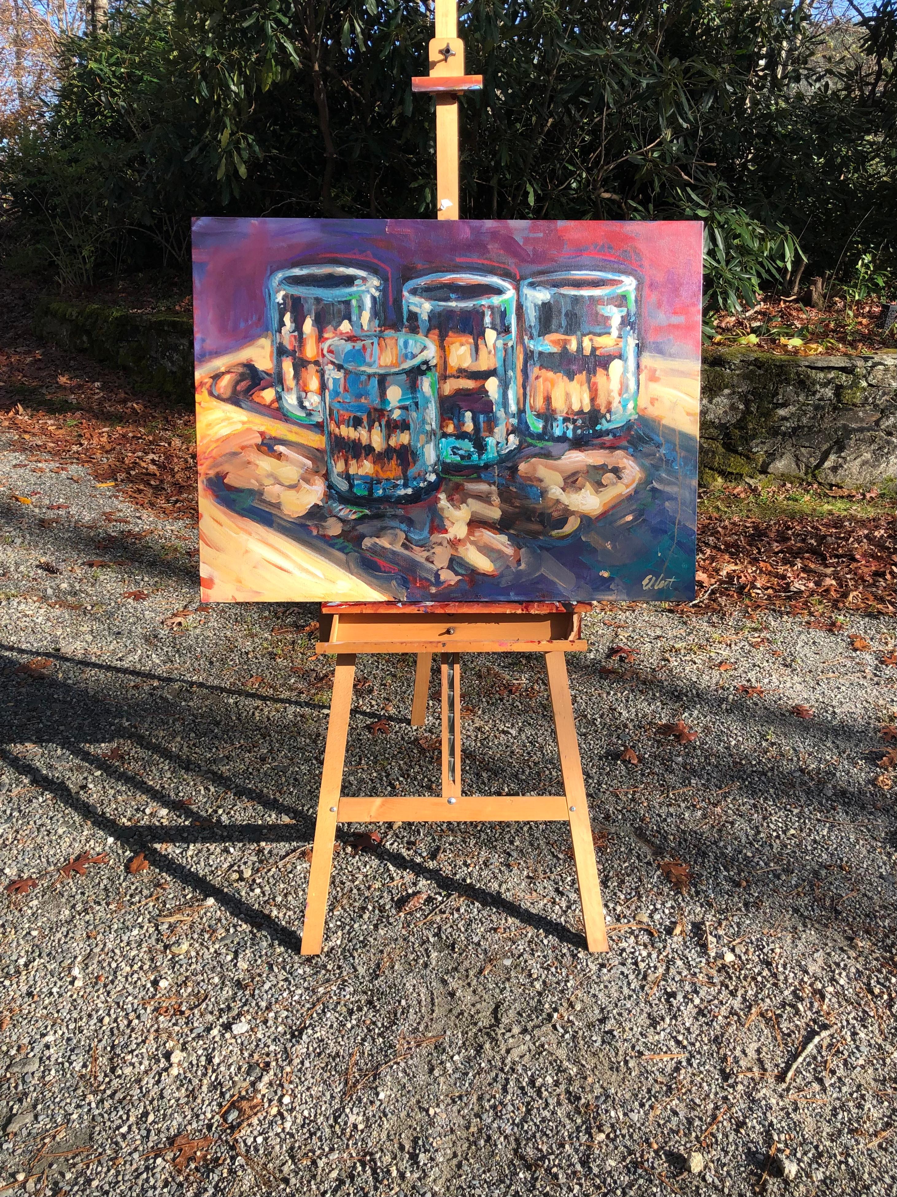 <p>Artist Comments<br>Light streams through a set of delightfully irregular Mexican handblown glasses arranged on a wood table. An economy of brushstrokes gives form to the largely abstract pools and shafts of color.</p><br/><p>About the