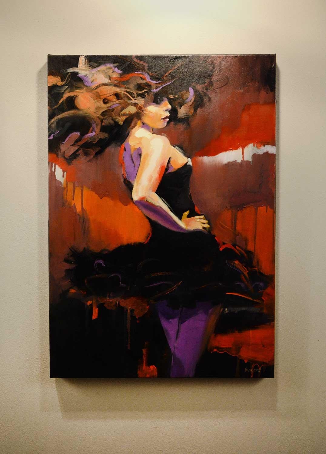 <p>Artist Comments<br>A striking, expressionist portrait of a dancer flowing against an abstract backdrop. Her hair sweeps across the composition like a headdress, balancing the swirl of her tutu. 
