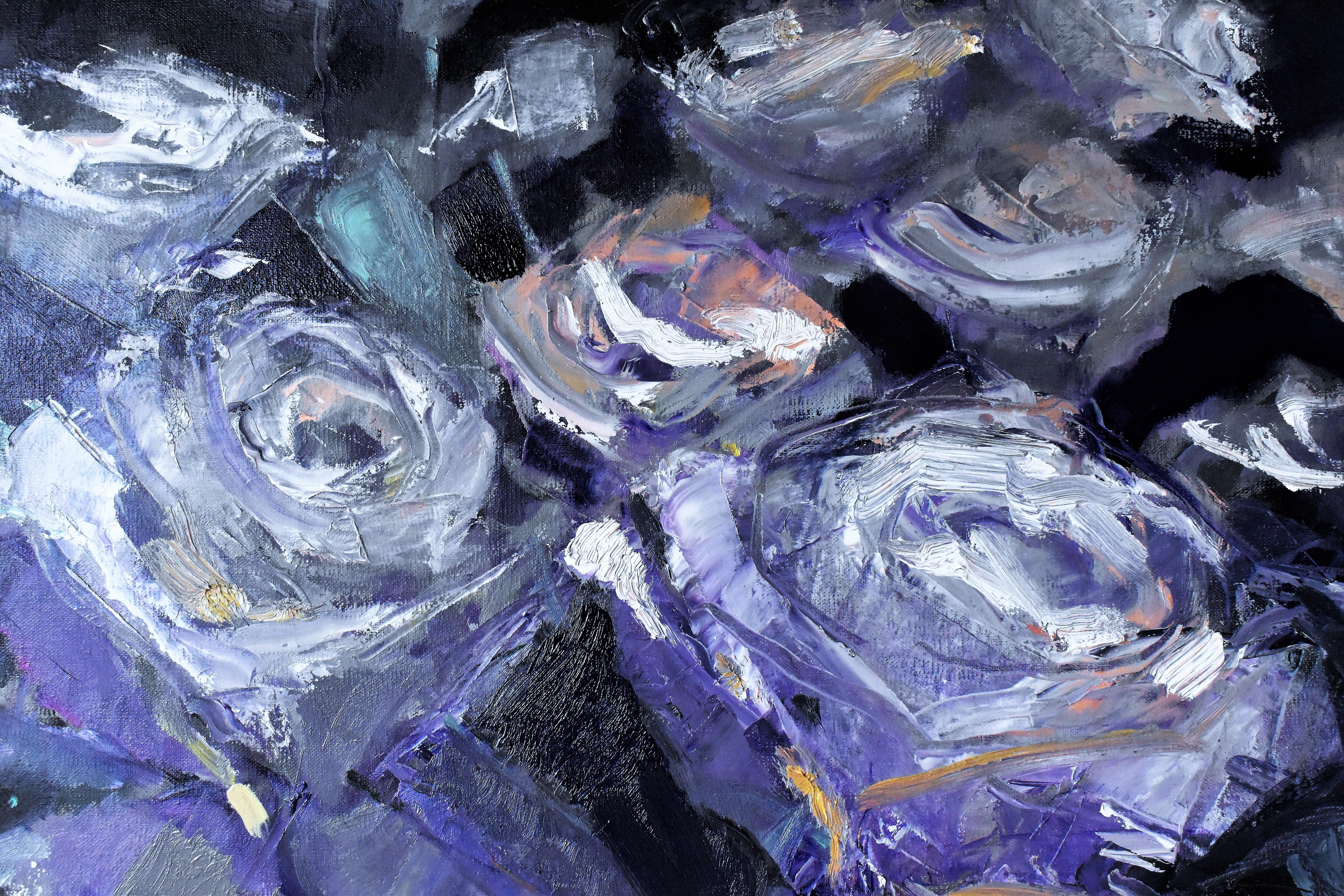 Finding Purple, Oil Painting - Gray Still-Life Painting by Mary Pratt